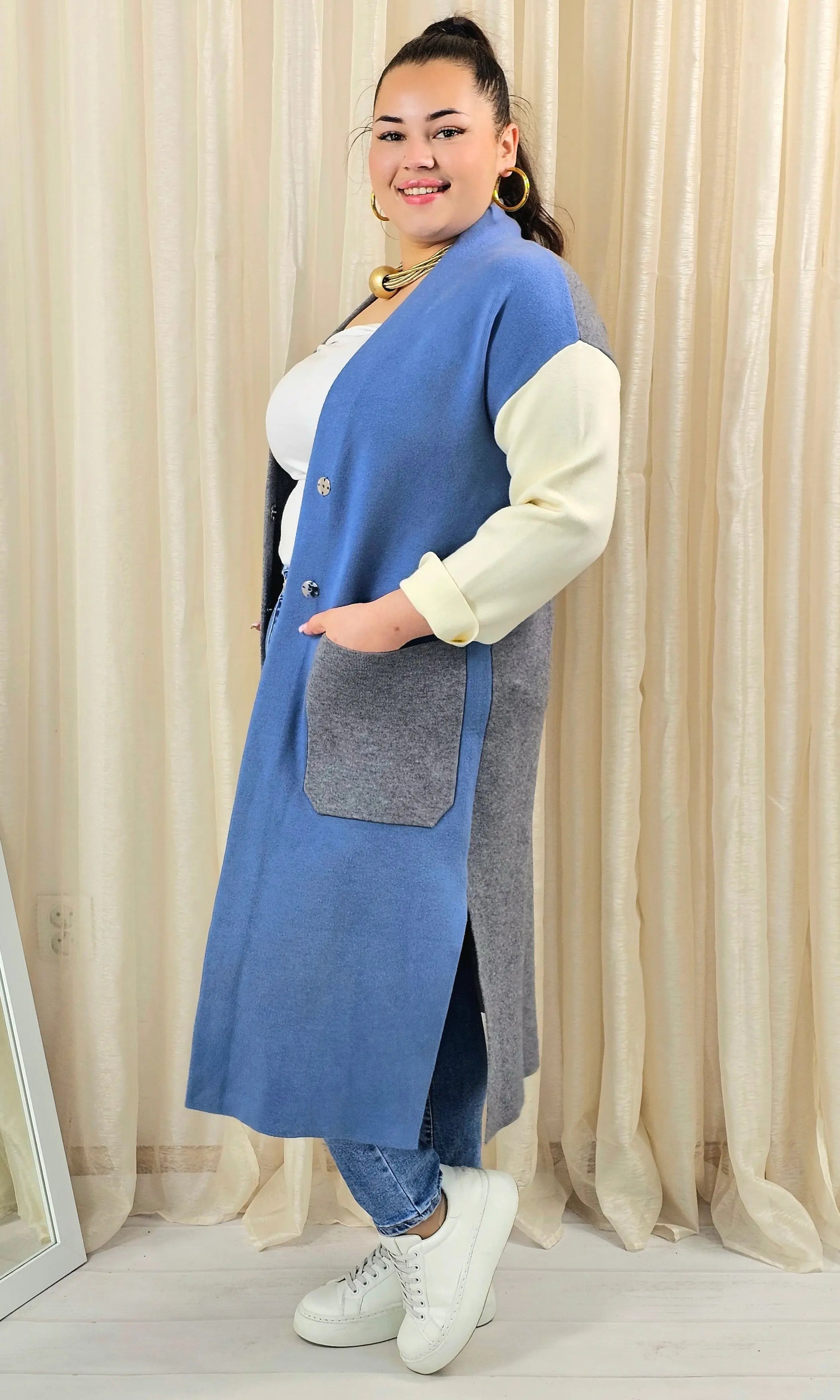 Kardigan plus size długi z kieszeniami – trójkolorowy Stylowa XL