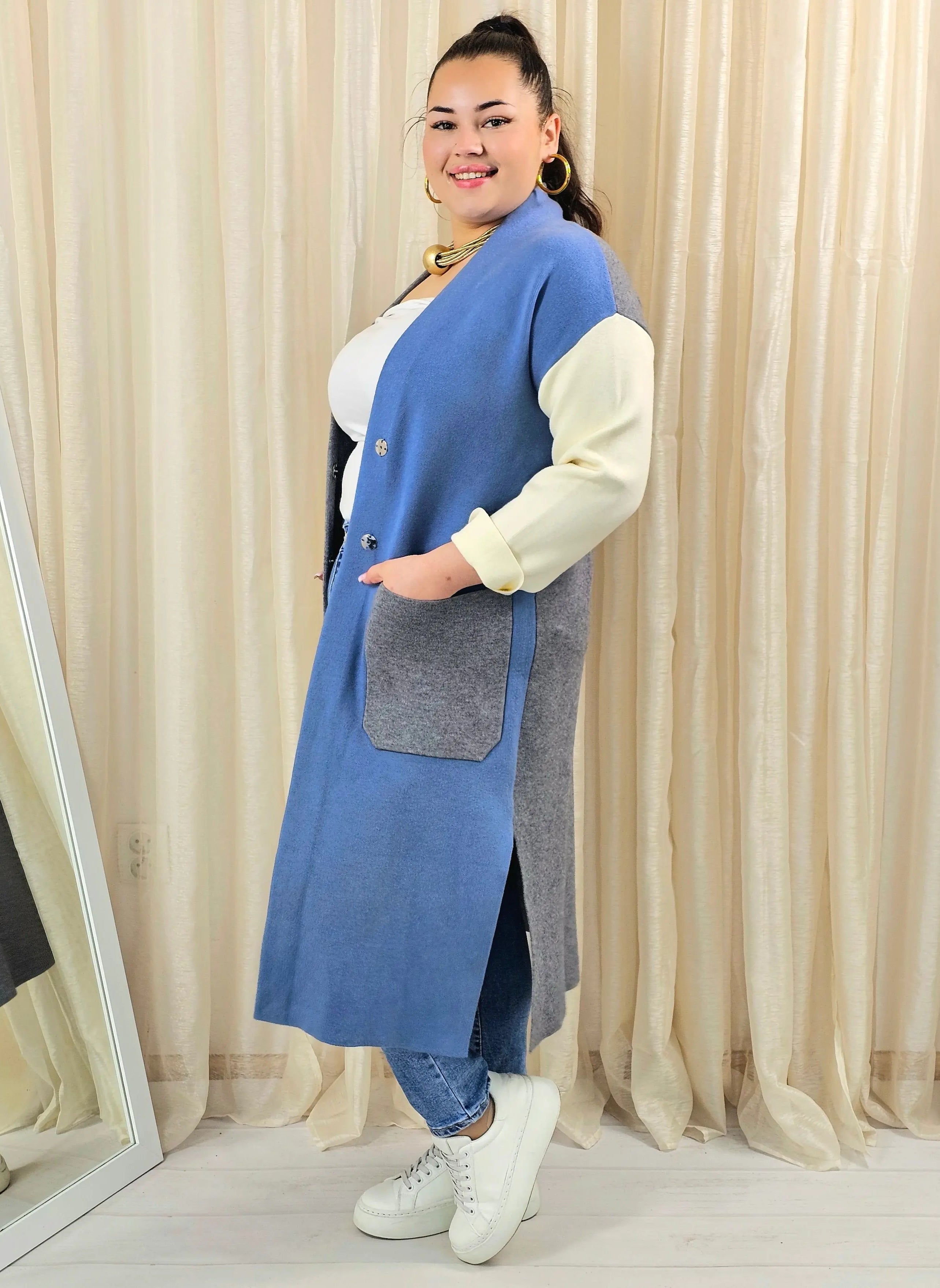 Kardigan plus size długi z kieszeniami – trójkolorowy Stylowa XL