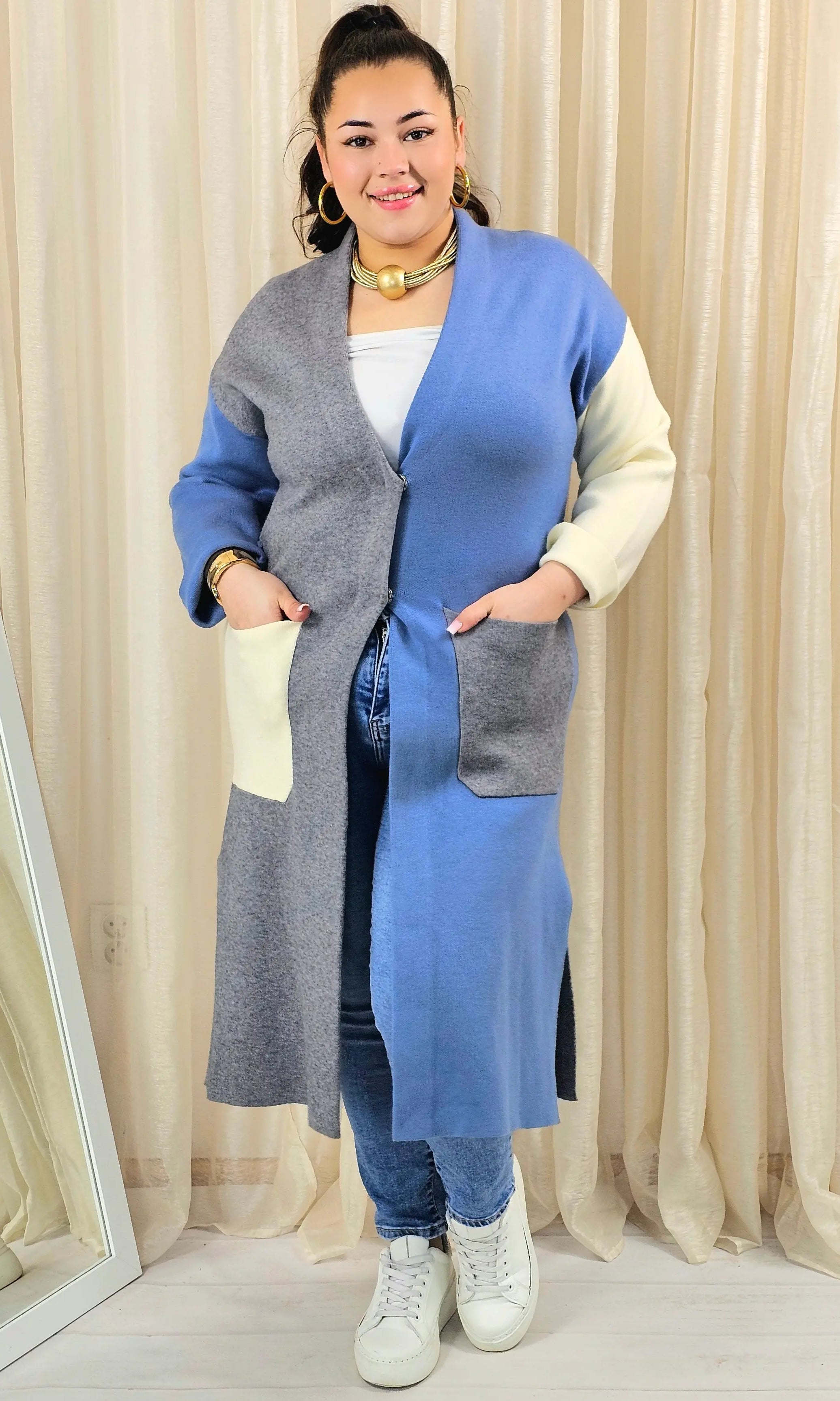Kardigan plus size długi z kieszeniami – trójkolorowy Stylowa XL