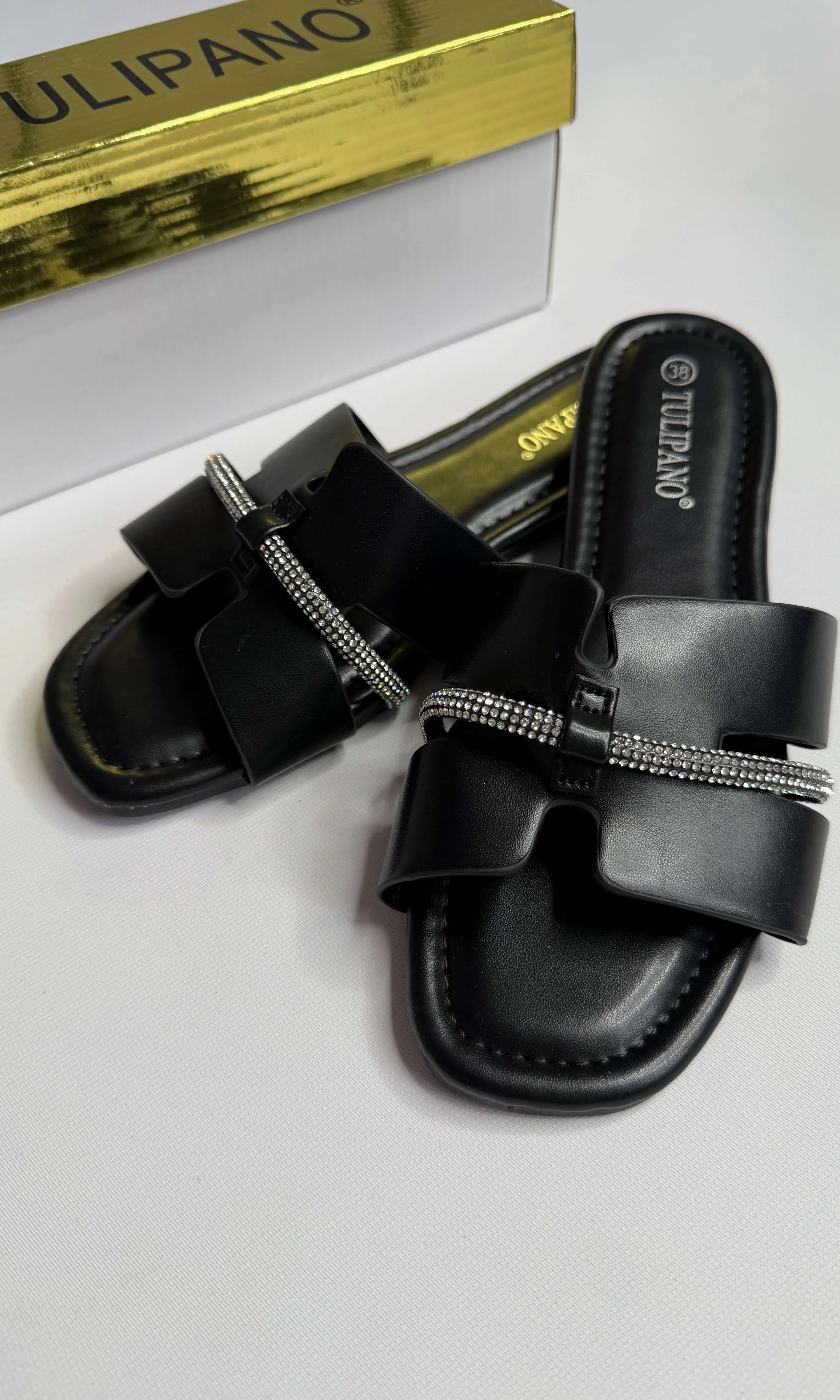 Klapki damskie Tulipano z cyrkoniami – czarne eleganckie klapki na lato Stylowa XL