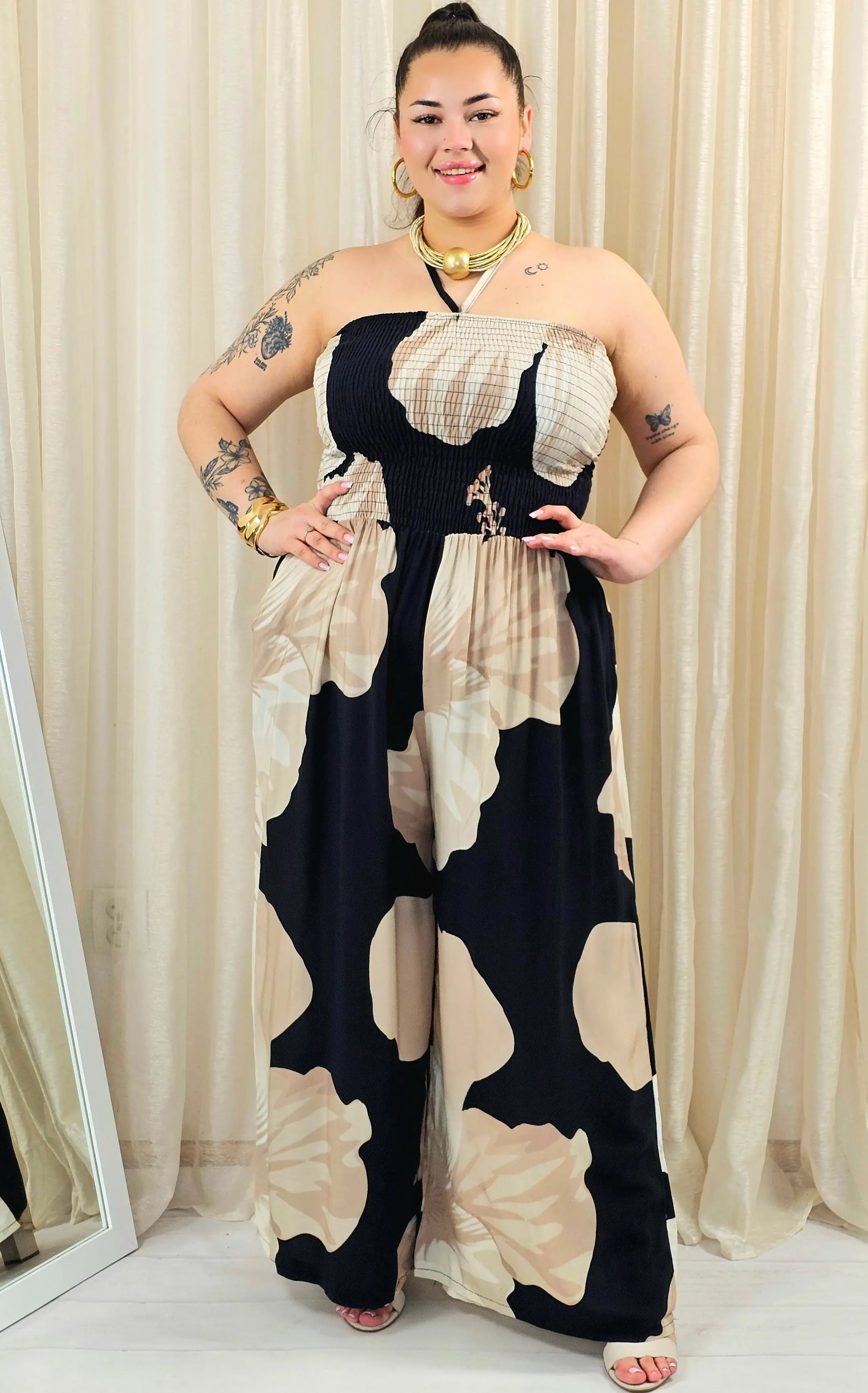 Kombinezon plus size bez ramiączek z kontrastowym wzorem Stylowa XL