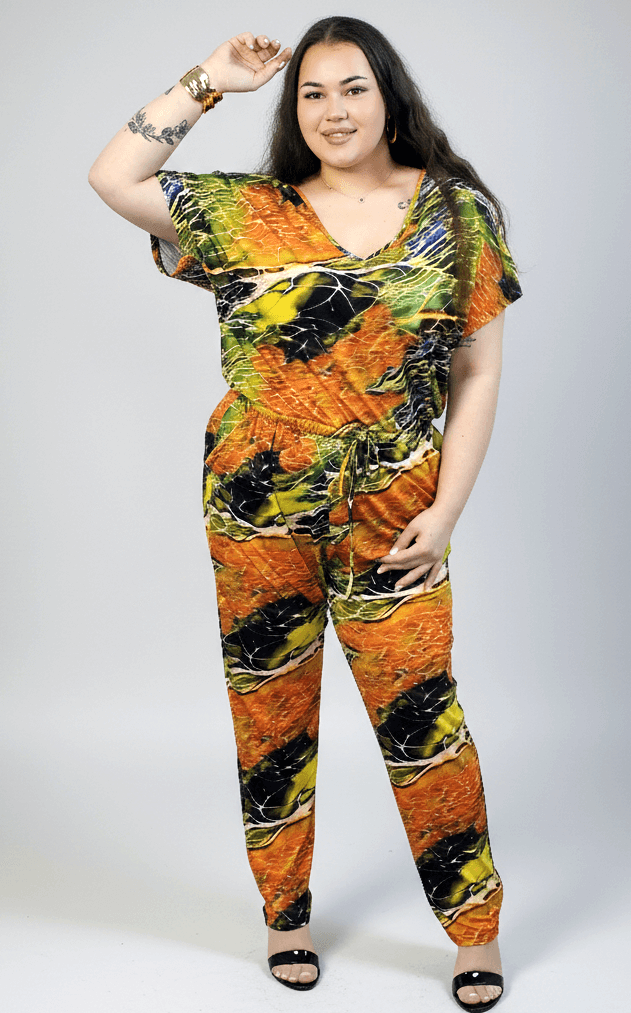 Kombinezon plus size z krótkim rękawem – wzorzysty kombinezon XXL Stylowa XL