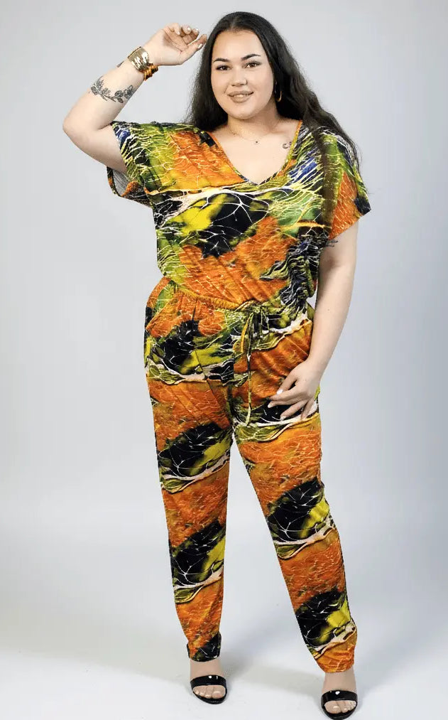 Kombinezon plus size z krótkim rękawem – wzorzysty kombinezon XXL Stylowa XL