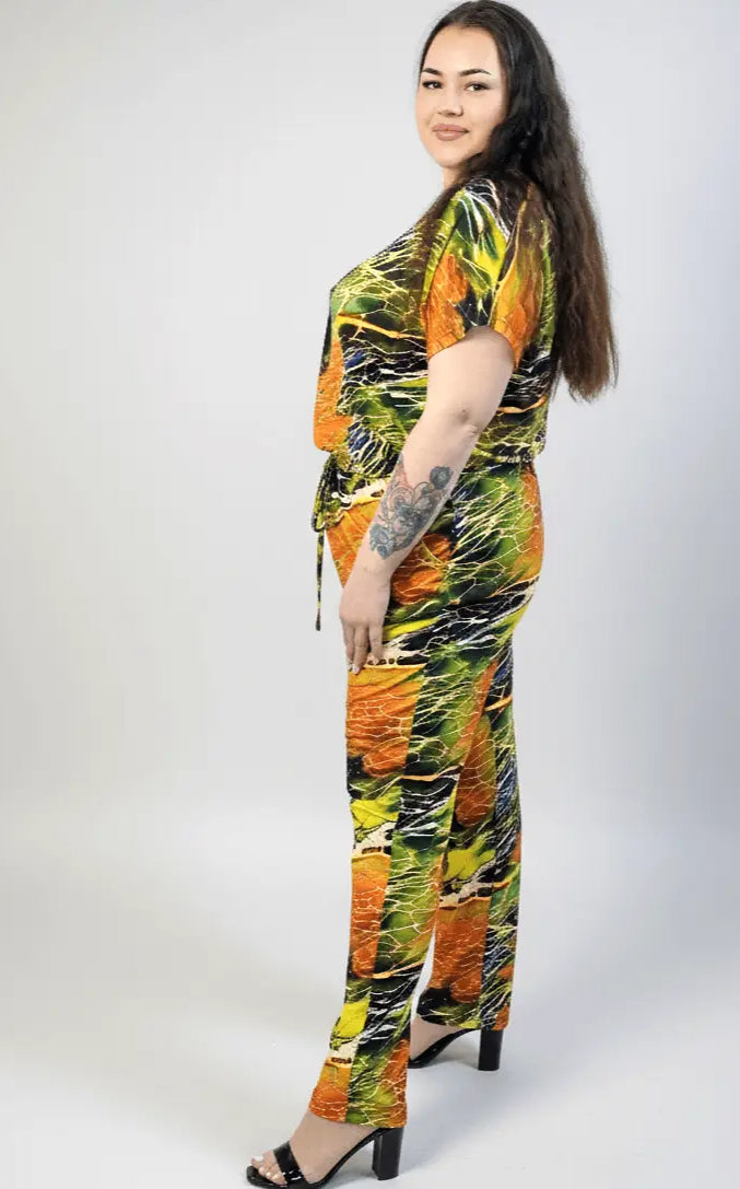 Kombinezon plus size z krótkim rękawem – wzorzysty kombinezon XXL Stylowa XL