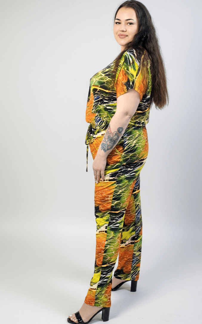 Kombinezon plus size z krótkim rękawem – wzorzysty kombinezon XXL Stylowa XL