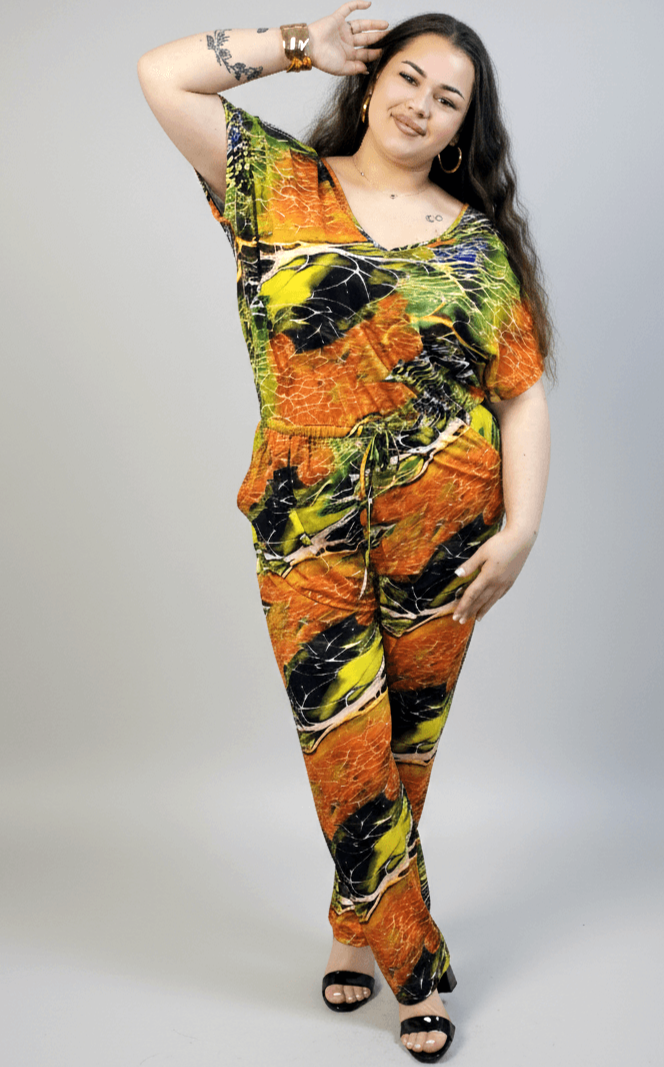 Kombinezon plus size z krótkim rękawem – wzorzysty kombinezon XXL Stylowa XL