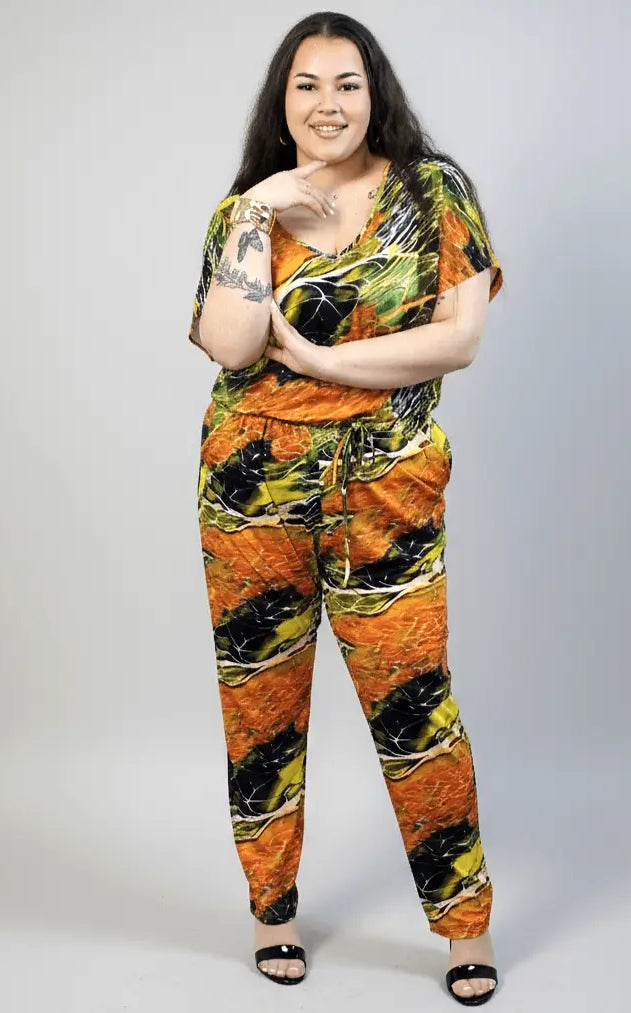 Kombinezon plus size z krótkim rękawem – wzorzysty kombinezon XXL Stylowa XL