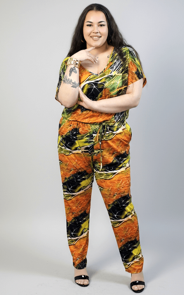 Kombinezon plus size z krótkim rękawem – wzorzysty kombinezon XXL Stylowa XL