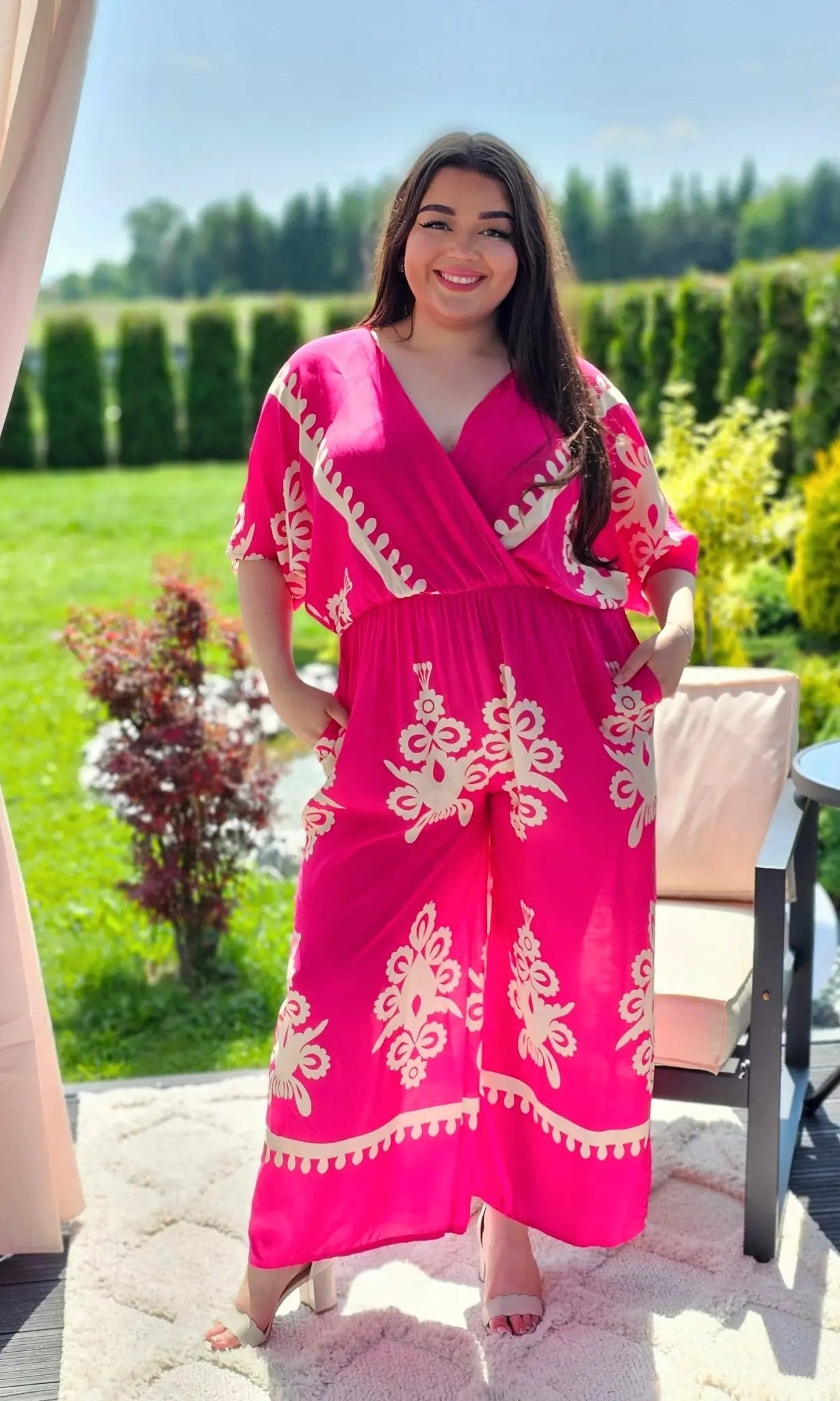 Kombinezon z Kremowym Wzorem - Elegancja w Boho Stylu - dwa kolory Stylowa XL