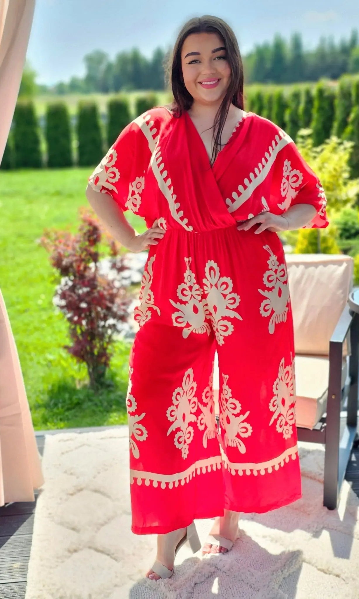 Kombinezon z Kremowym Wzorem - Elegancja w Boho Stylu - dwa kolory Stylowa XL