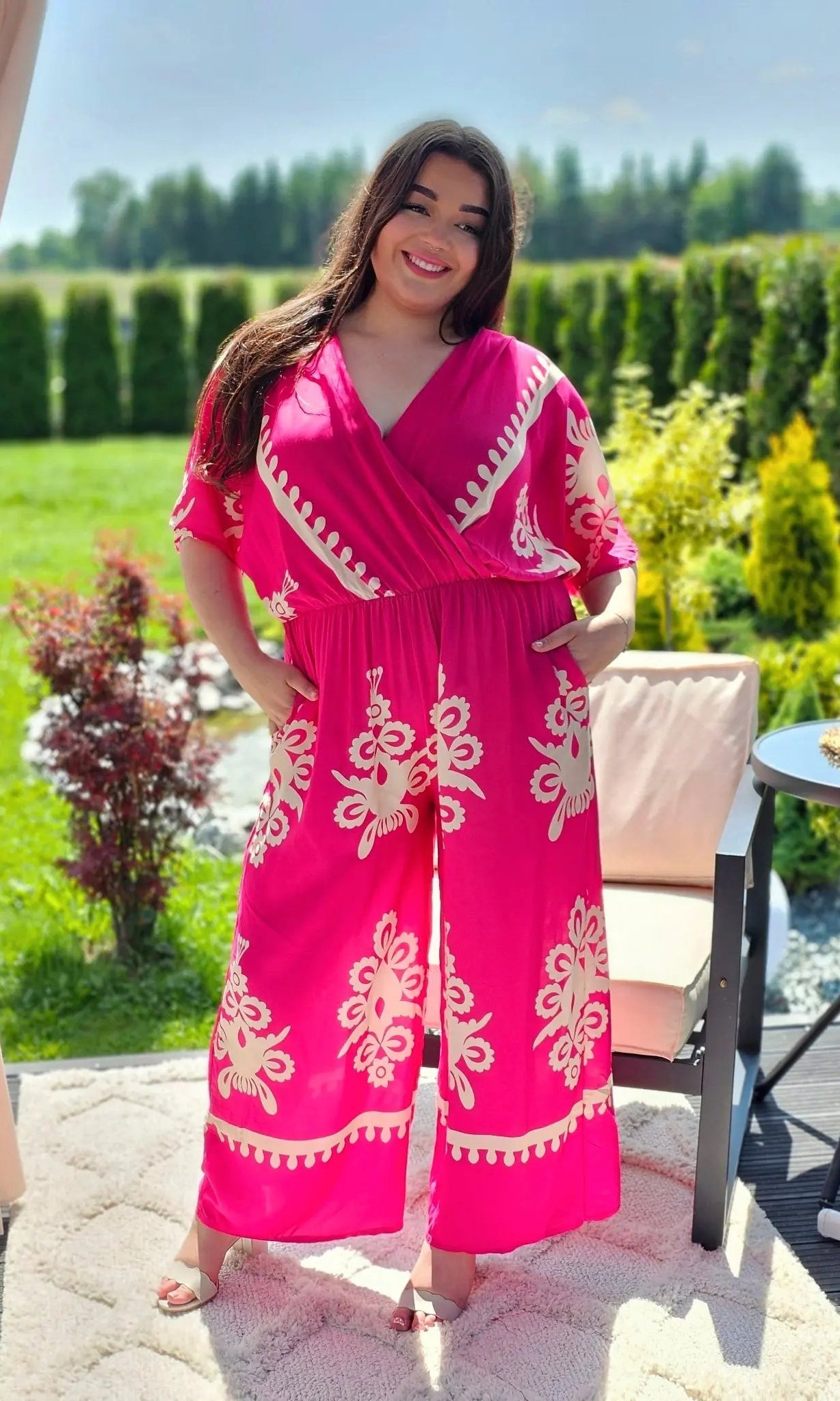 Kombinezon z Kremowym Wzorem - Elegancja w Boho Stylu - dwa kolory Stylowa XL