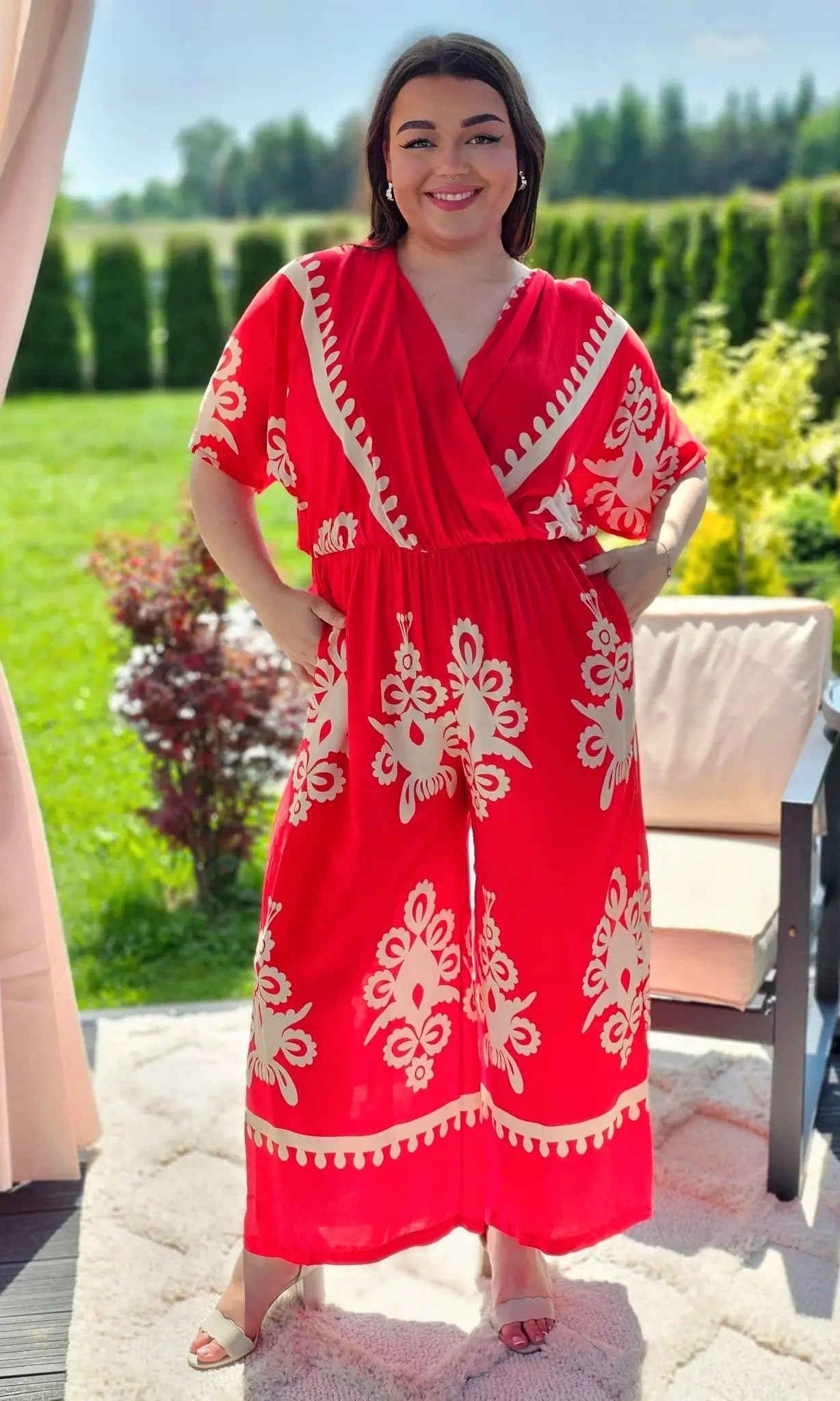 Kombinezon z Kremowym Wzorem - Elegancja w Boho Stylu - dwa kolory Stylowa XL