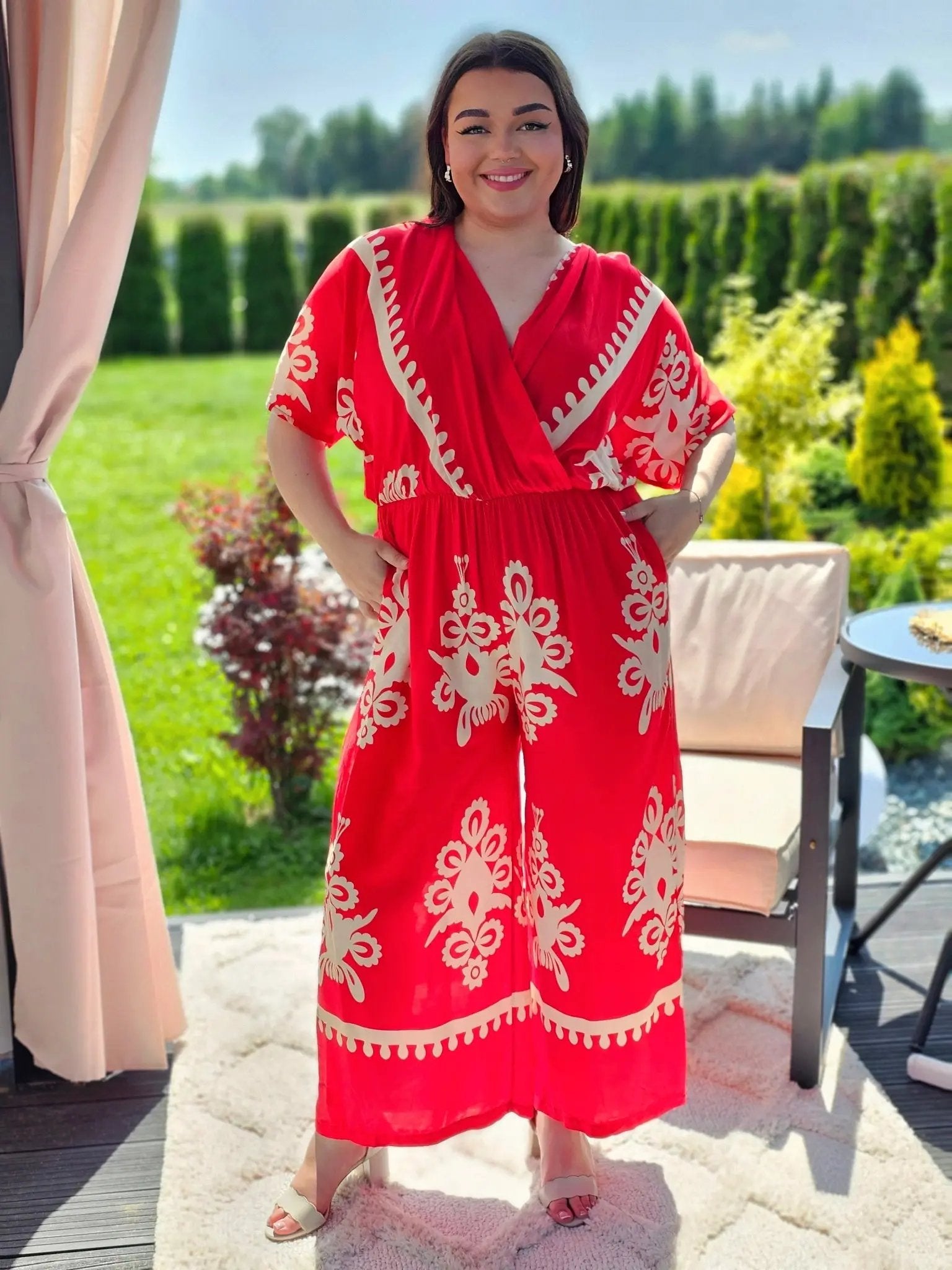 Kombinezon z Kremowym Wzorem - Elegancja w Boho Stylu - dwa kolory Stylowa XL