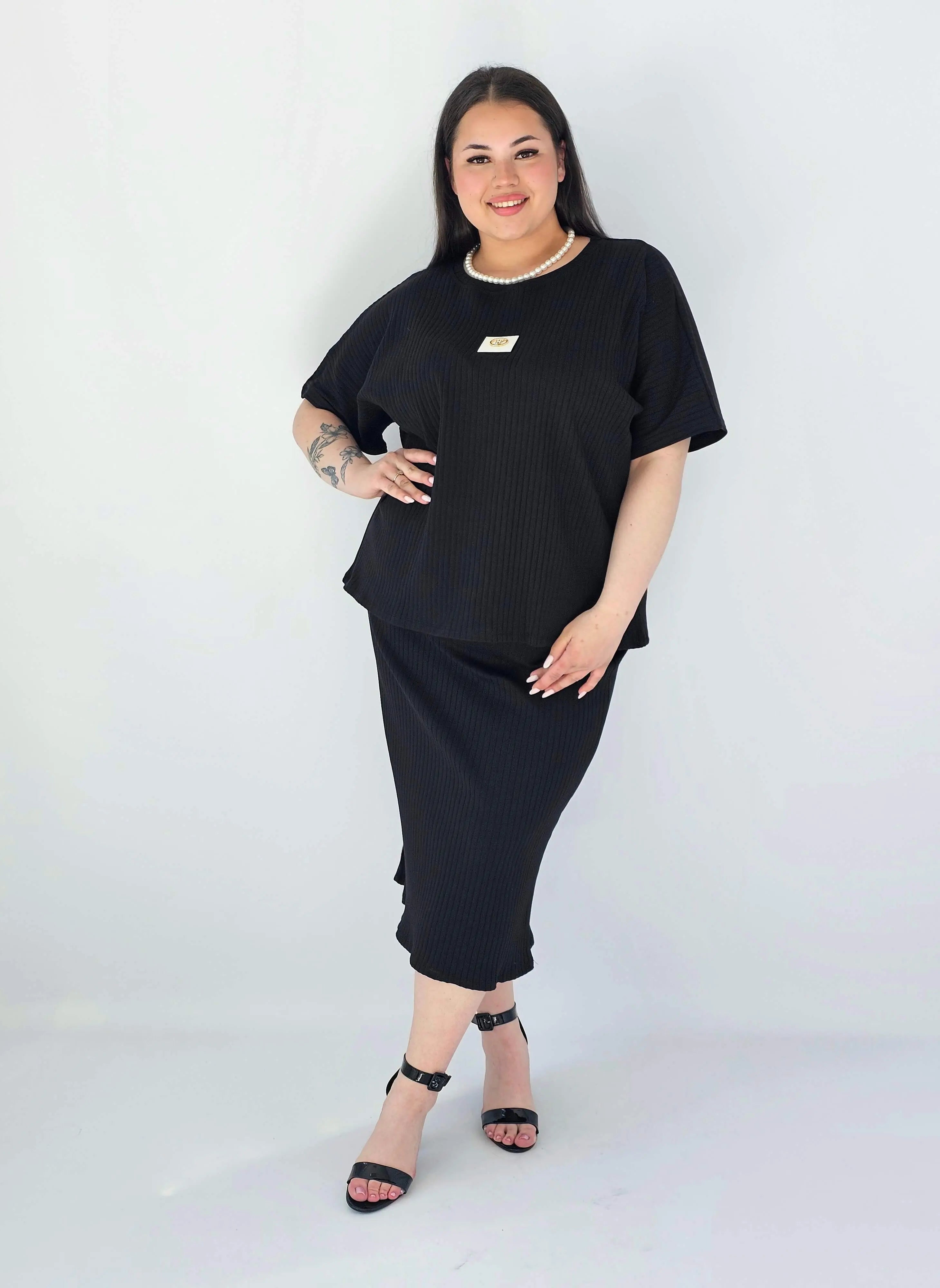 Komplet Plus Size Bluzka I Spódnica Prążkowany Z Ozdobnym Detalem Stylowa XL