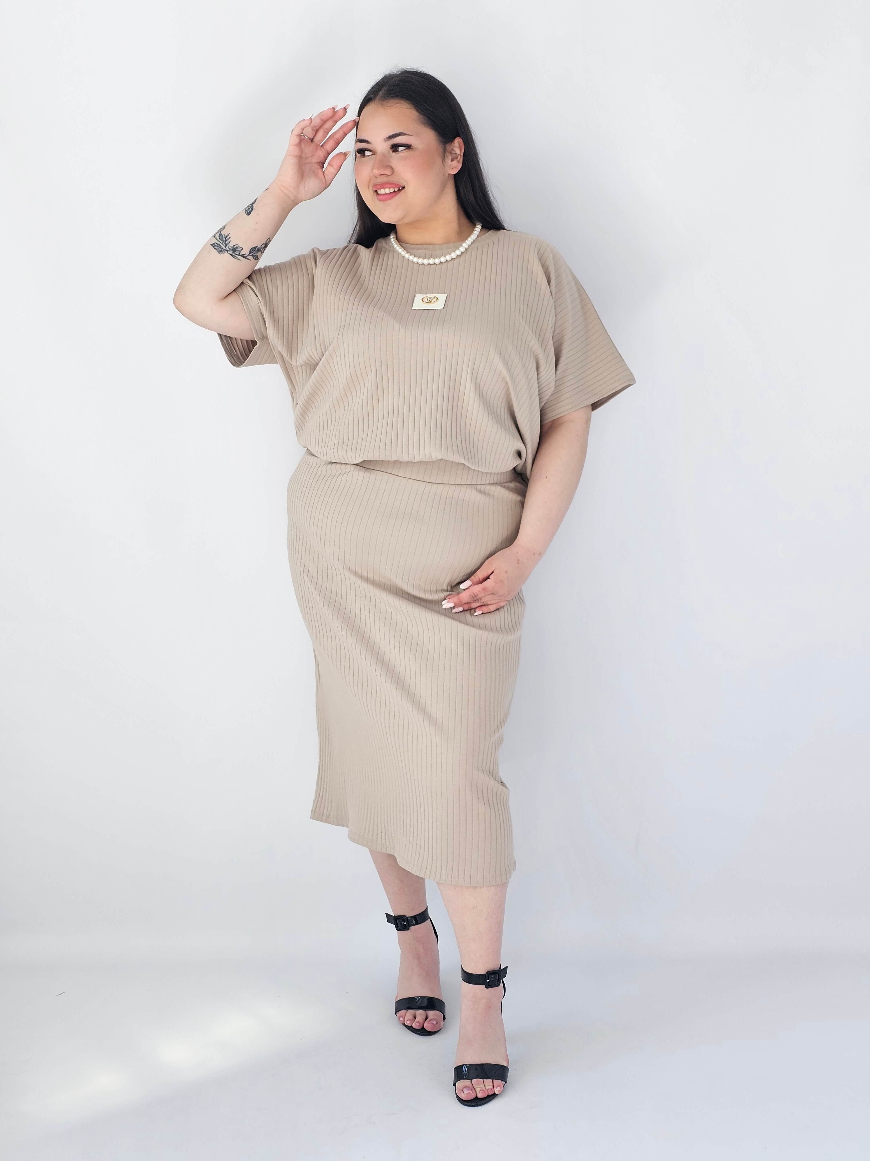 Komplet Plus Size Bluzka I Spódnica Prążkowany Z Ozdobnym Detalem Stylowa XL