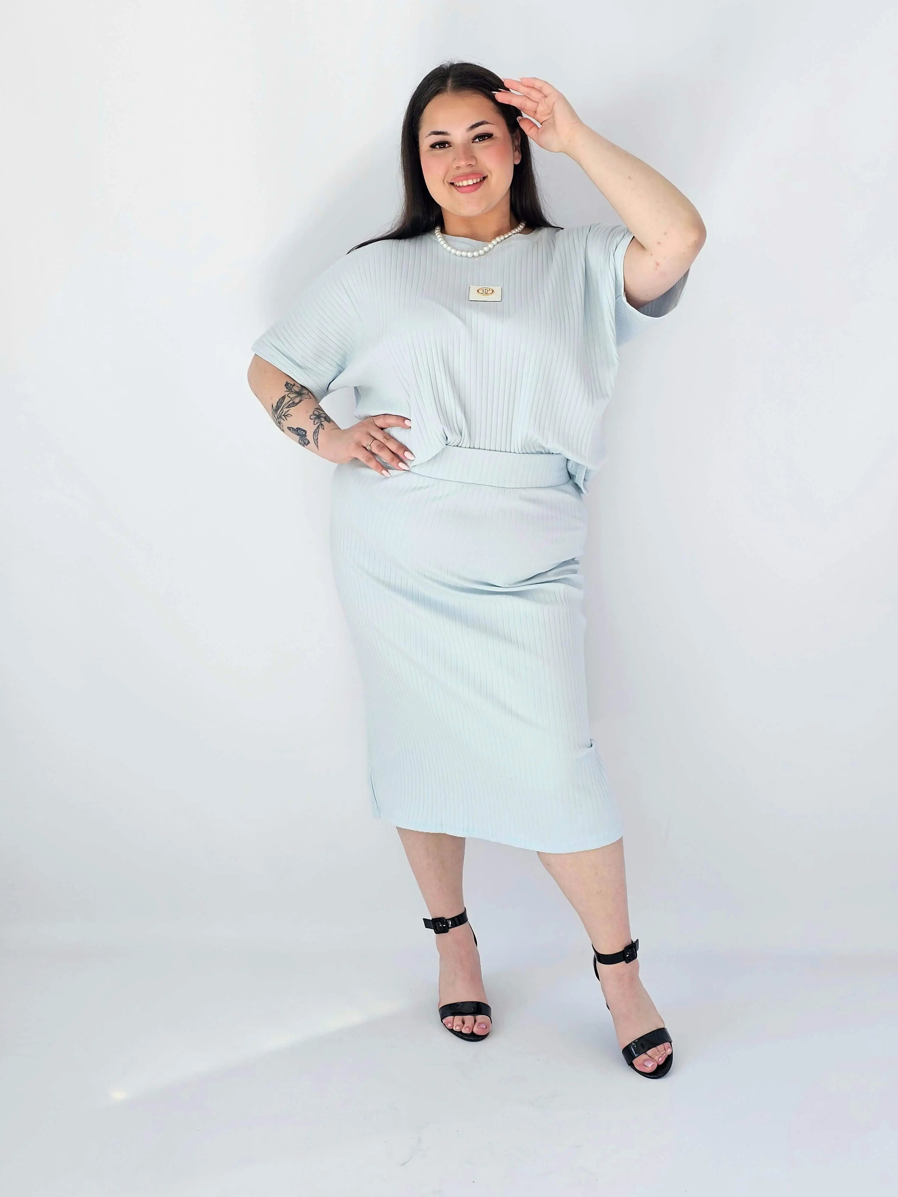 Komplet Plus Size Bluzka I Spódnica Prążkowany Z Ozdobnym Detalem Stylowa XL