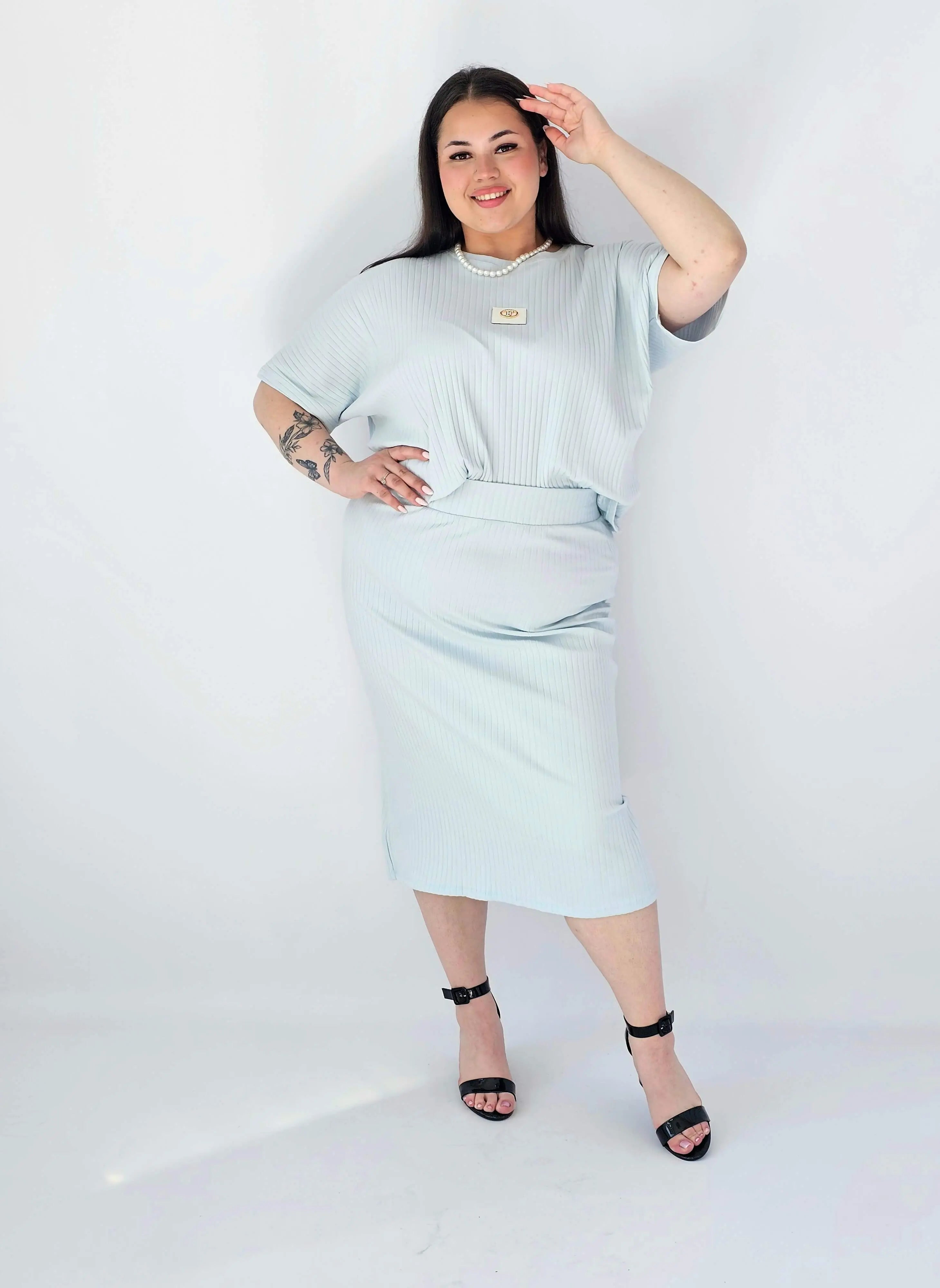 Komplet Plus Size Bluzka I Spódnica Prążkowany Z Ozdobnym Detalem Stylowa XL