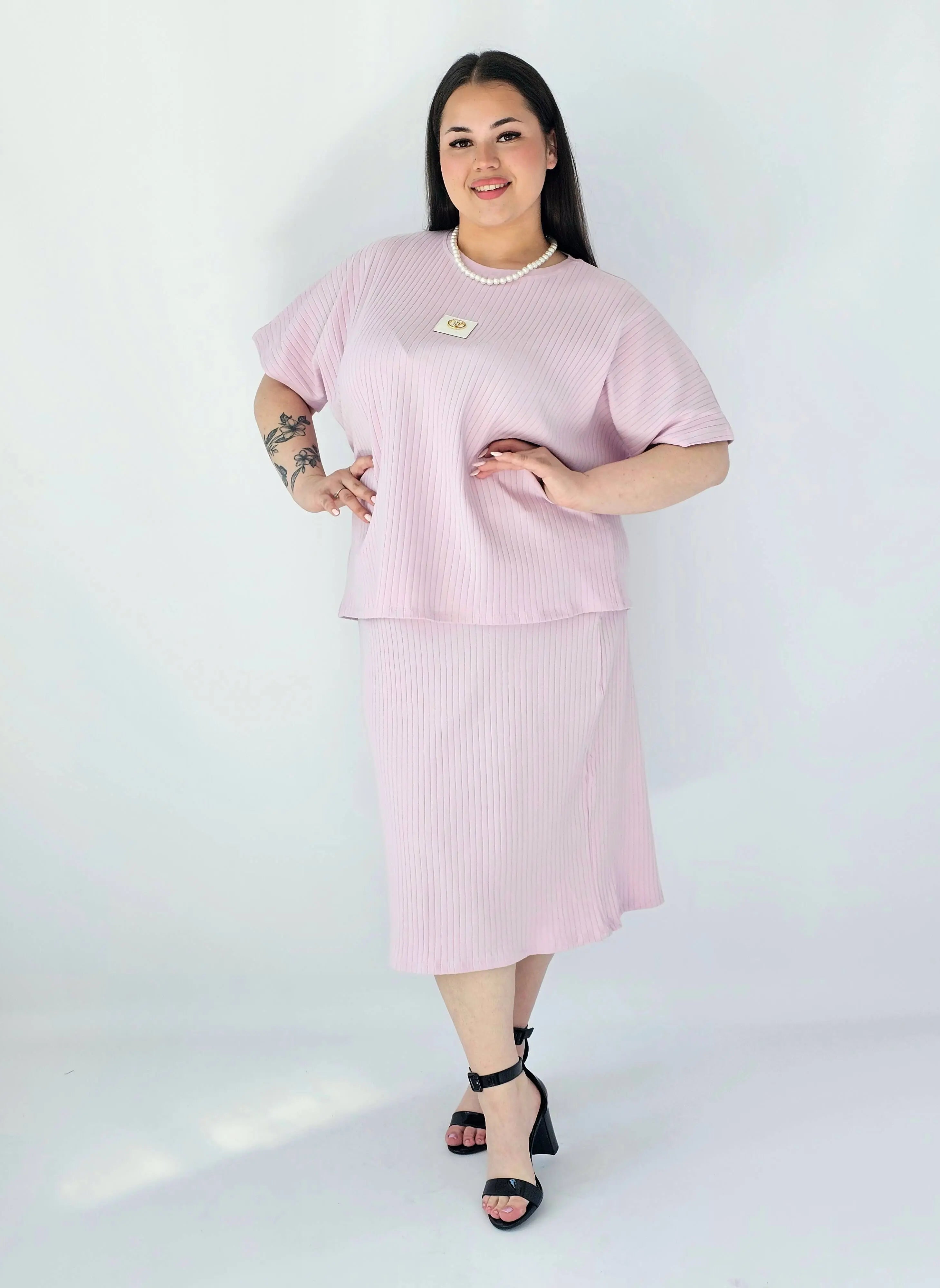 Komplet Plus Size Bluzka I Spódnica Prążkowany Z Ozdobnym Detalem Stylowa XL
