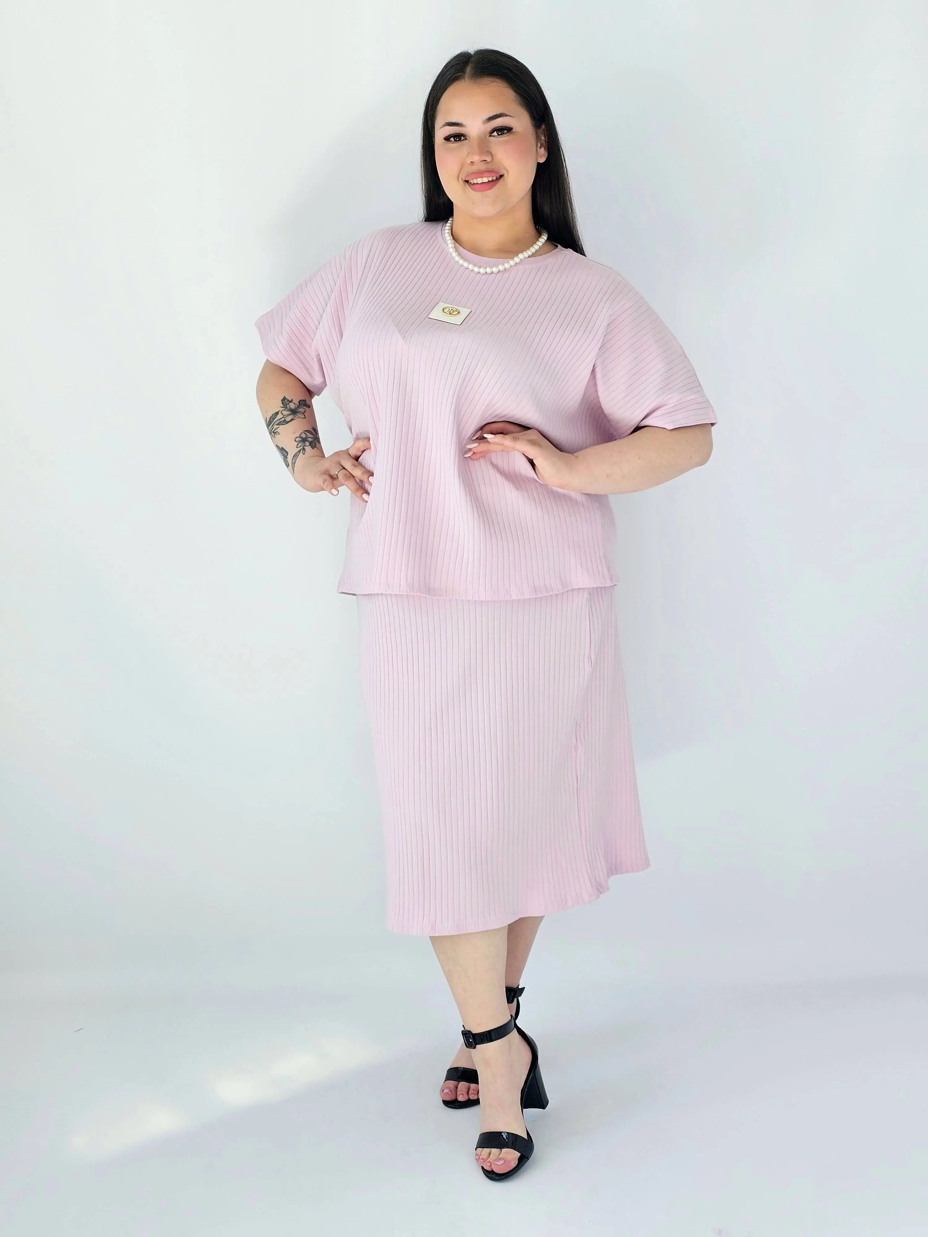 Komplet Plus Size Bluzka I Spódnica Prążkowany Z Ozdobnym Detalem Stylowa XL