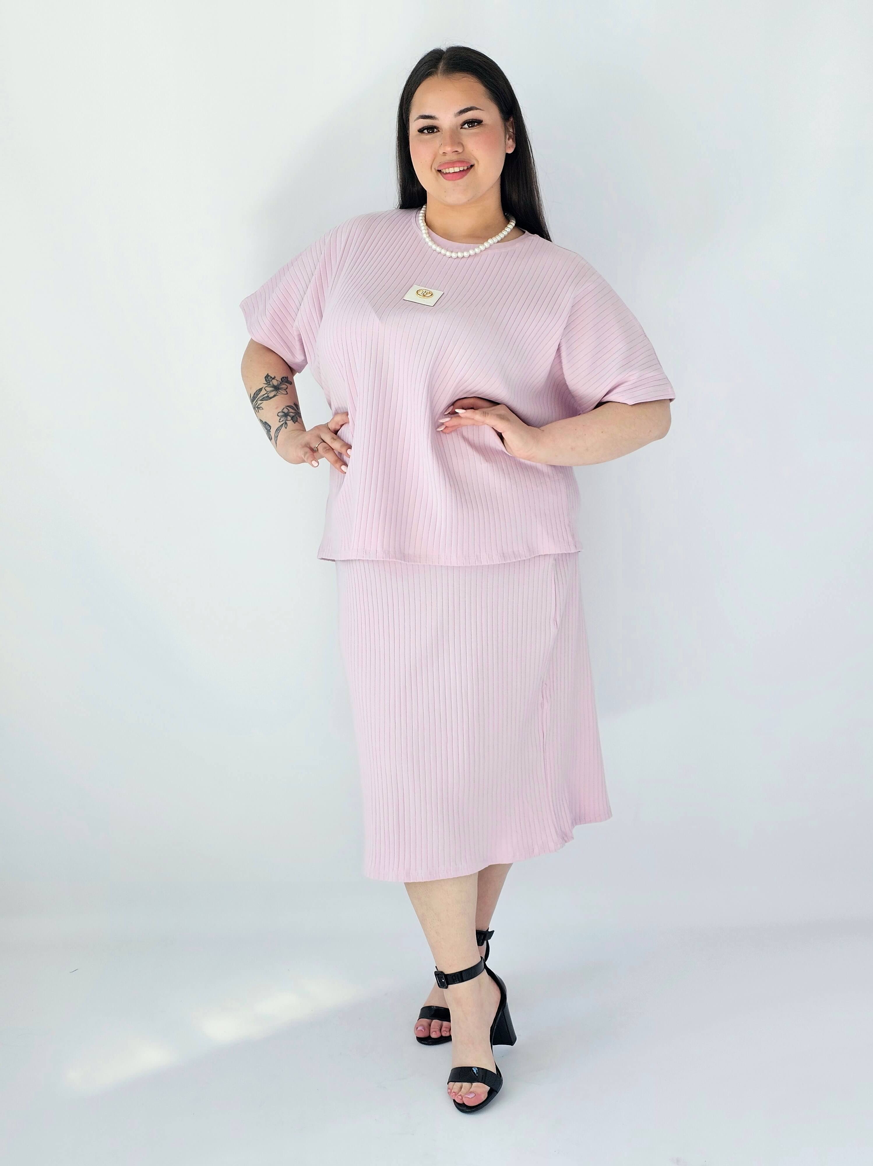 Komplet Plus Size Bluzka I Spódnica Prążkowany Z Ozdobnym Detalem Stylowa XL