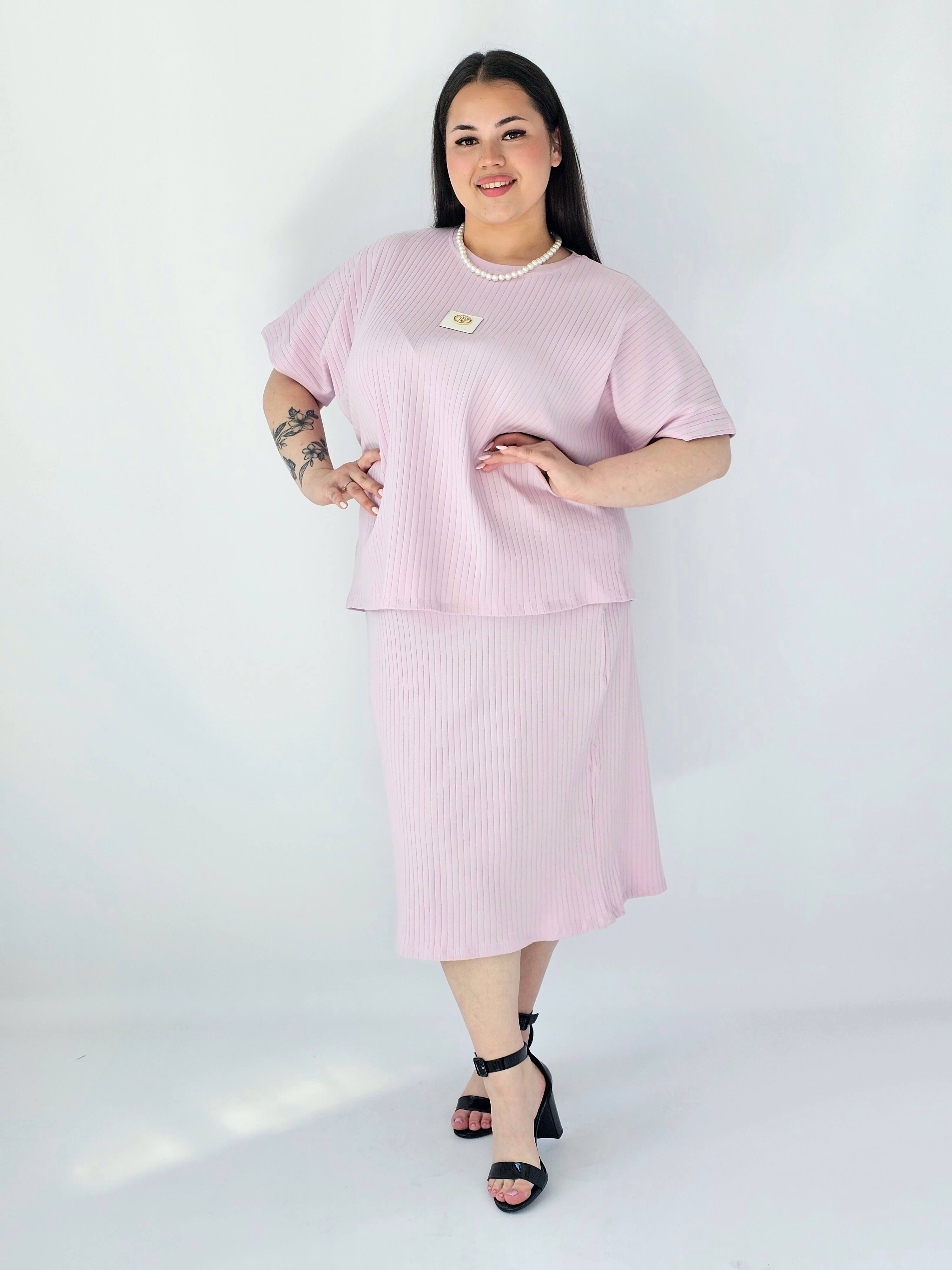 Komplet Plus Size Bluzka I Spódnica Prążkowany Z Ozdobnym Detalem Stylowa XL