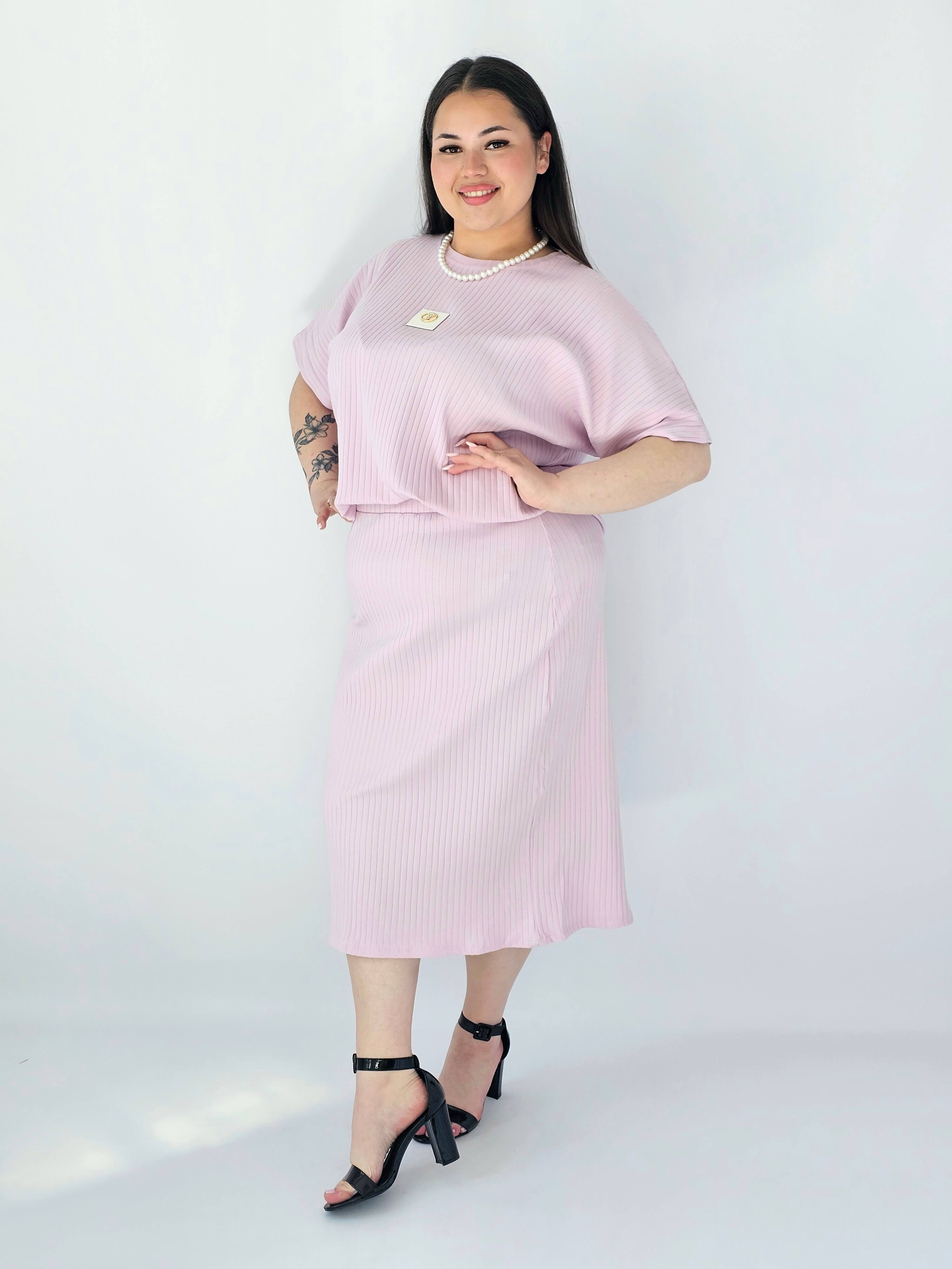 Komplet Plus Size Bluzka I Spódnica Prążkowany Z Ozdobnym Detalem Stylowa XL