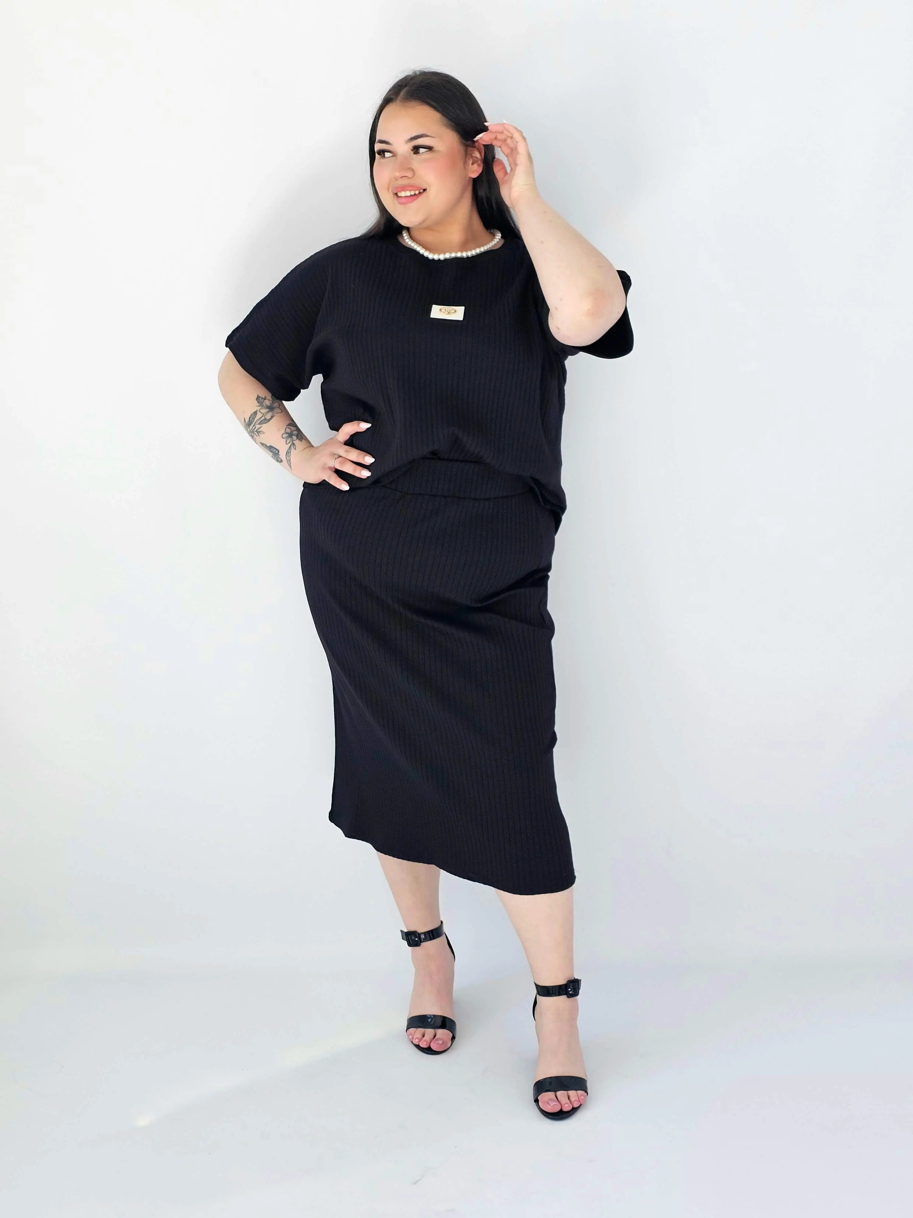 Komplet Plus Size Bluzka I Spódnica Prążkowany Z Ozdobnym Detalem Stylowa XL