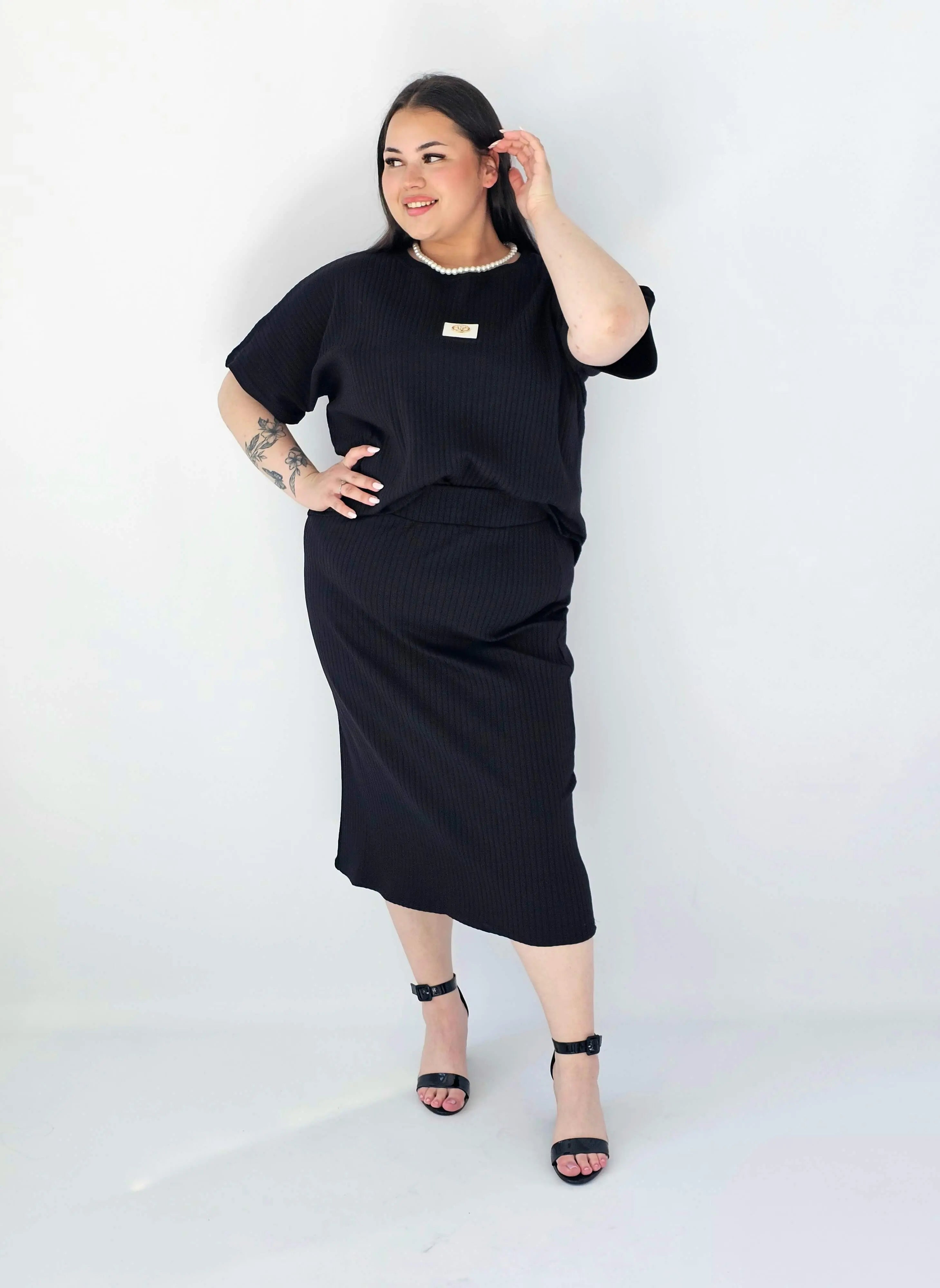 Komplet Plus Size Bluzka I Spódnica Prążkowany Z Ozdobnym Detalem Stylowa XL
