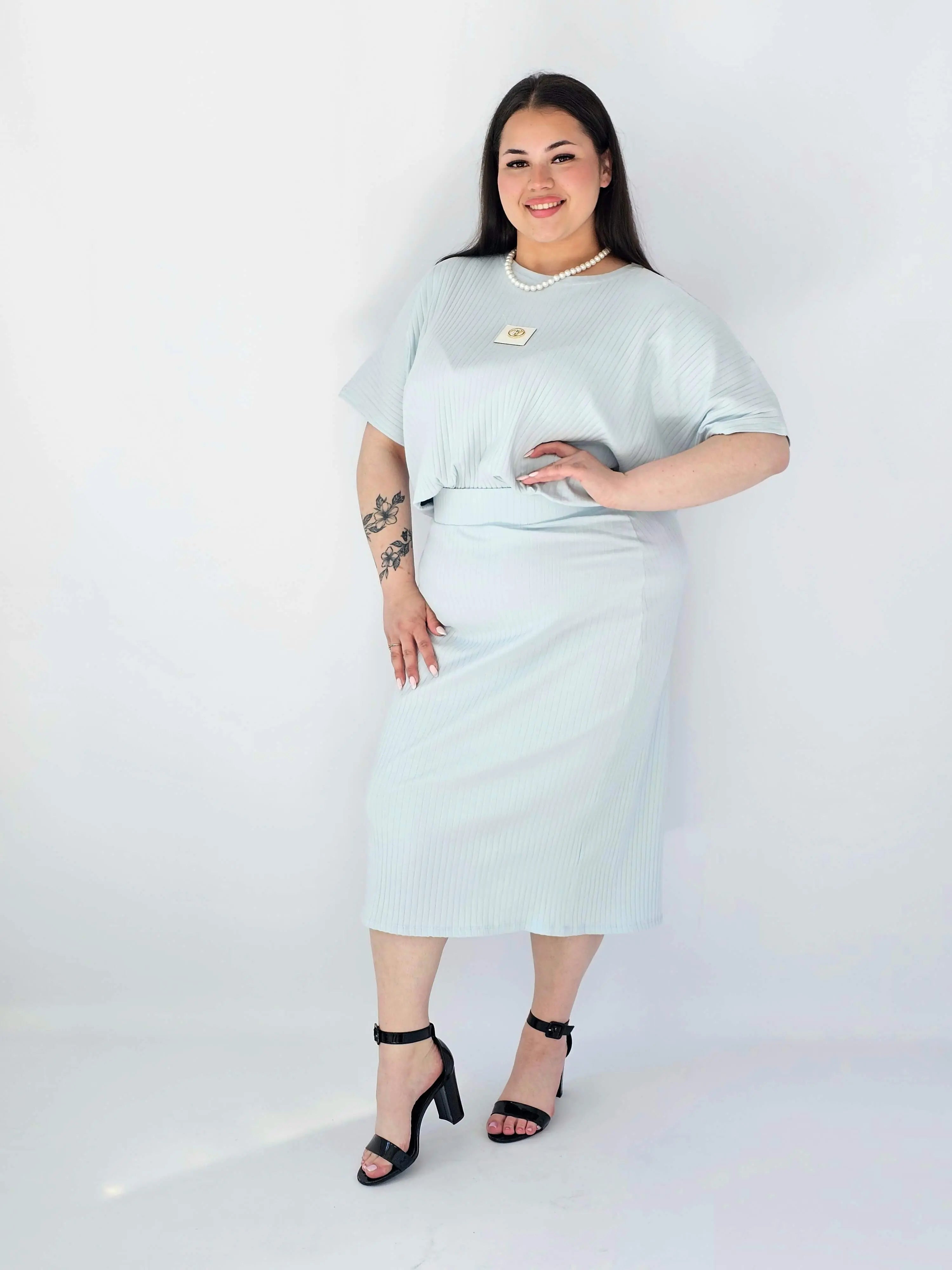 Komplet Plus Size Bluzka I Spódnica Prążkowany Z Ozdobnym Detalem Stylowa XL