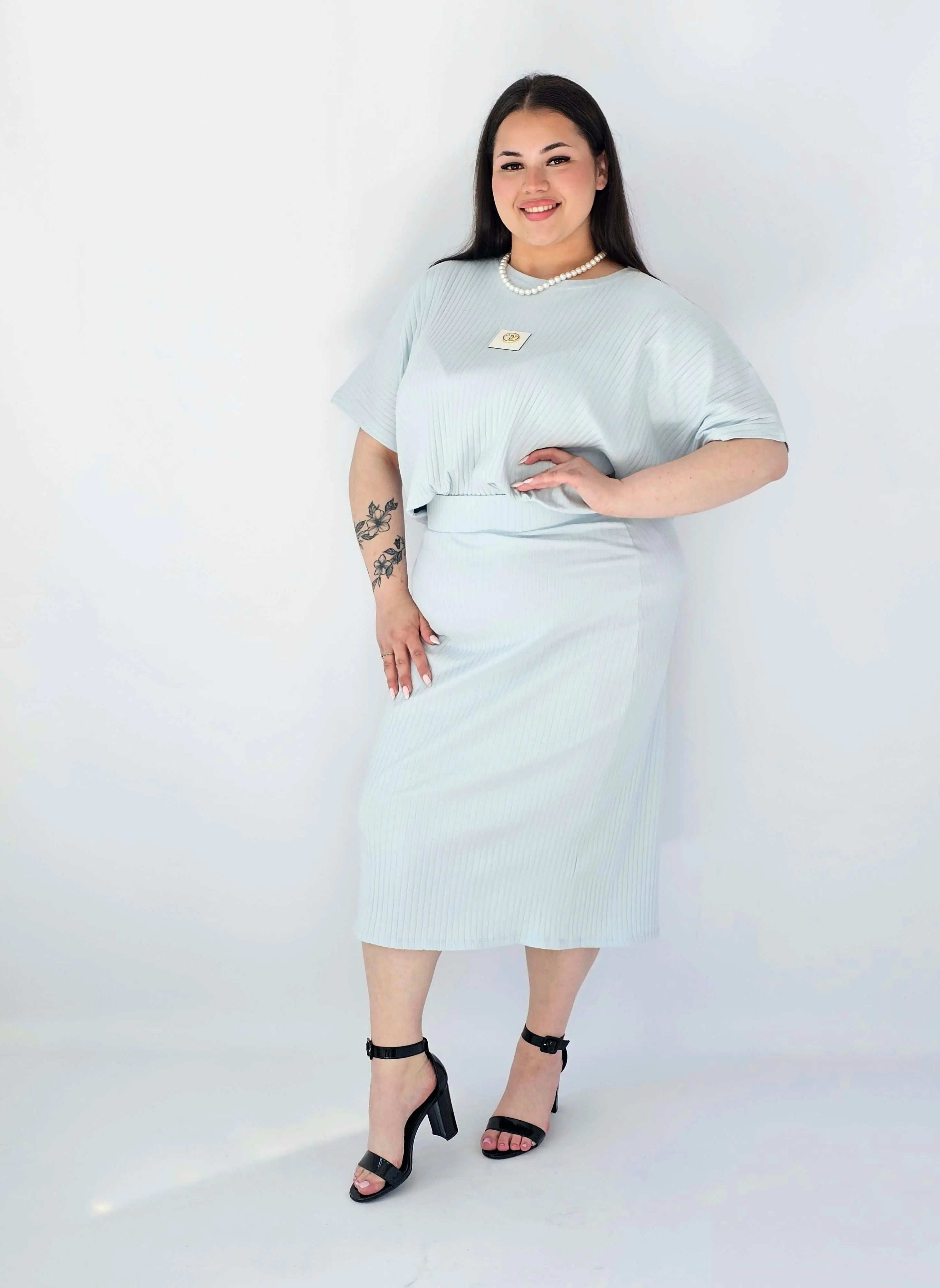 Komplet Plus Size Bluzka I Spódnica Prążkowany Z Ozdobnym Detalem Stylowa XL