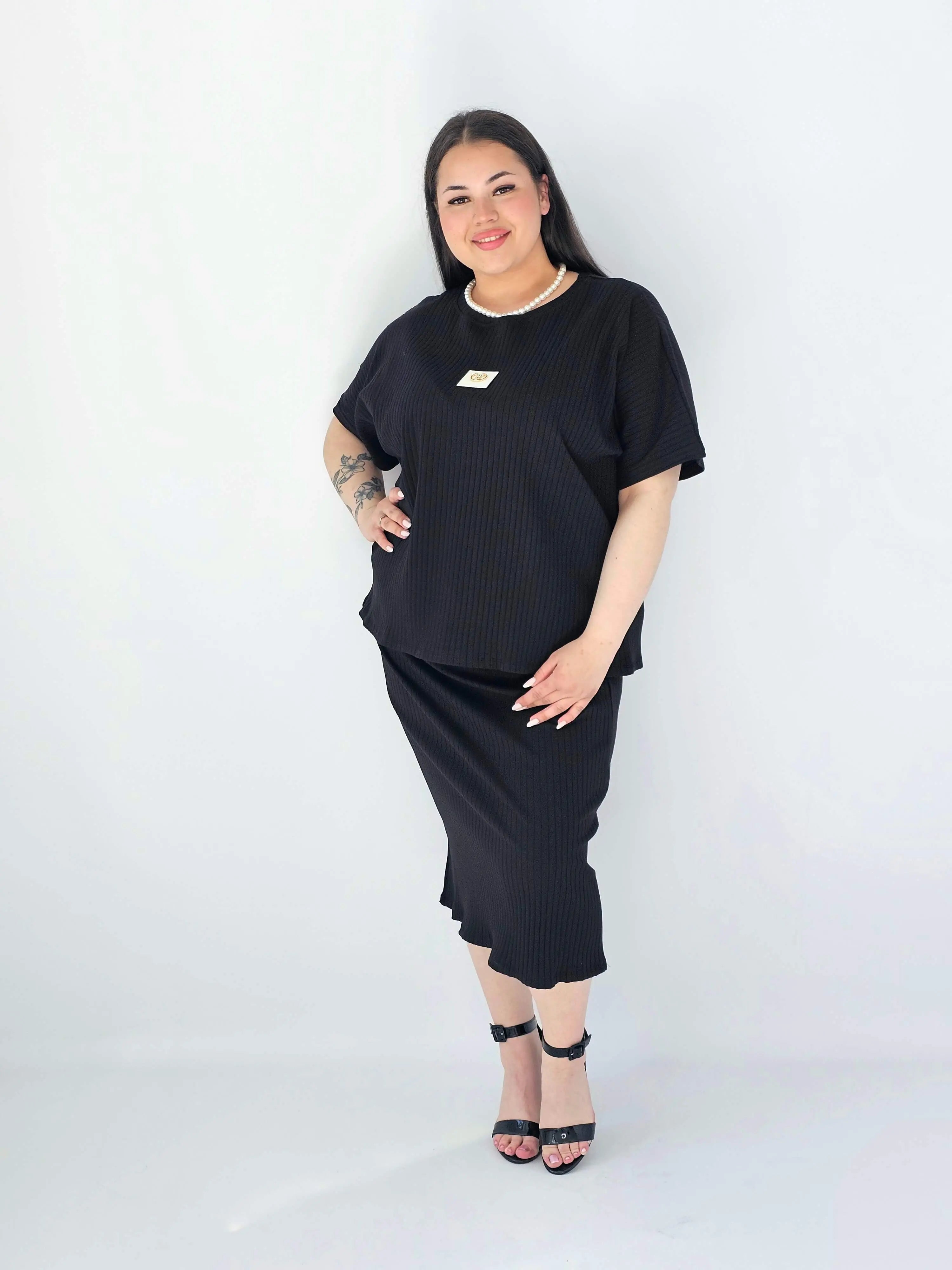 Komplet Plus Size Bluzka I Spódnica Prążkowany Z Ozdobnym Detalem Stylowa XL