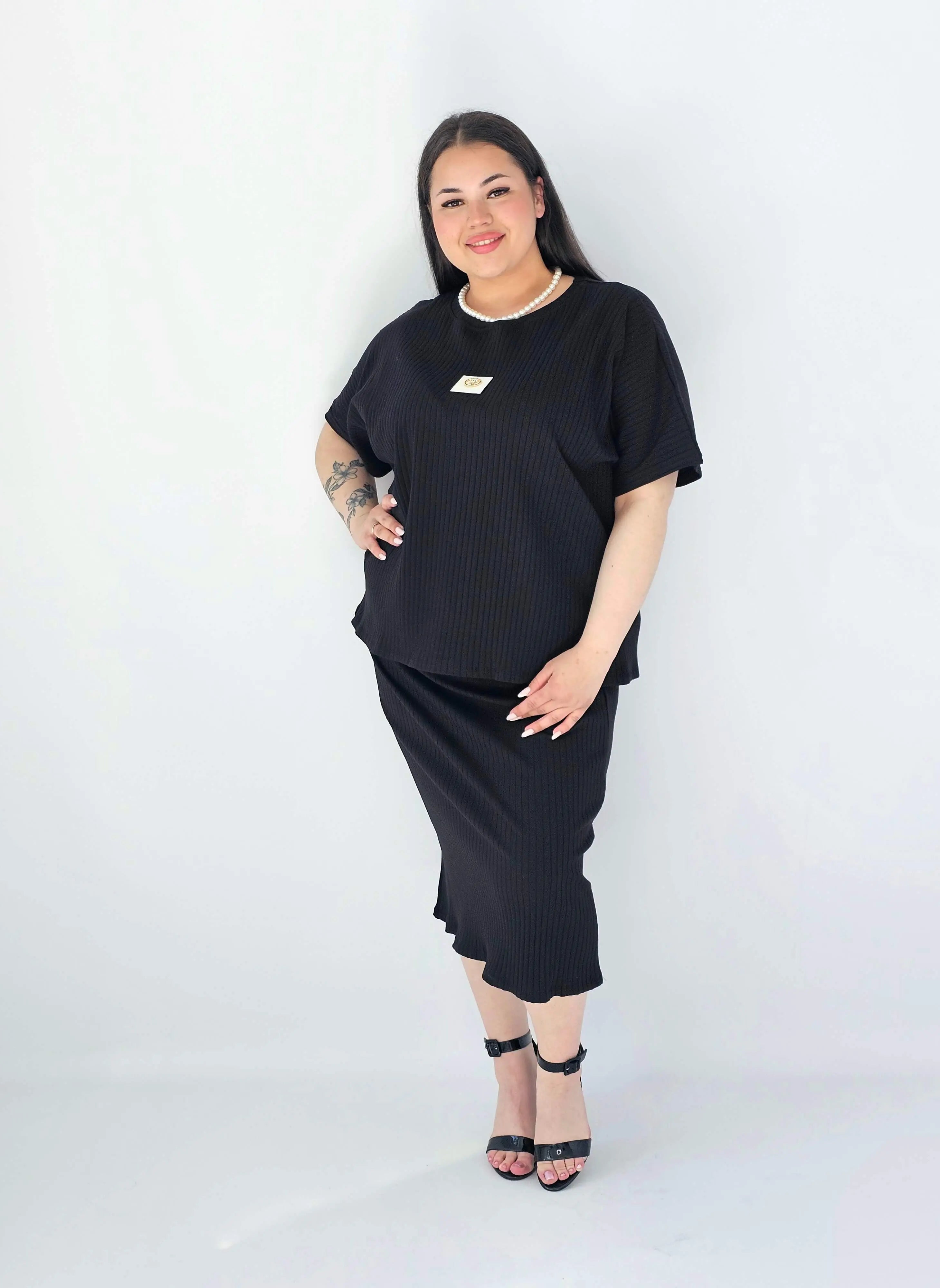 Komplet Plus Size Bluzka I Spódnica Prążkowany Z Ozdobnym Detalem Stylowa XL