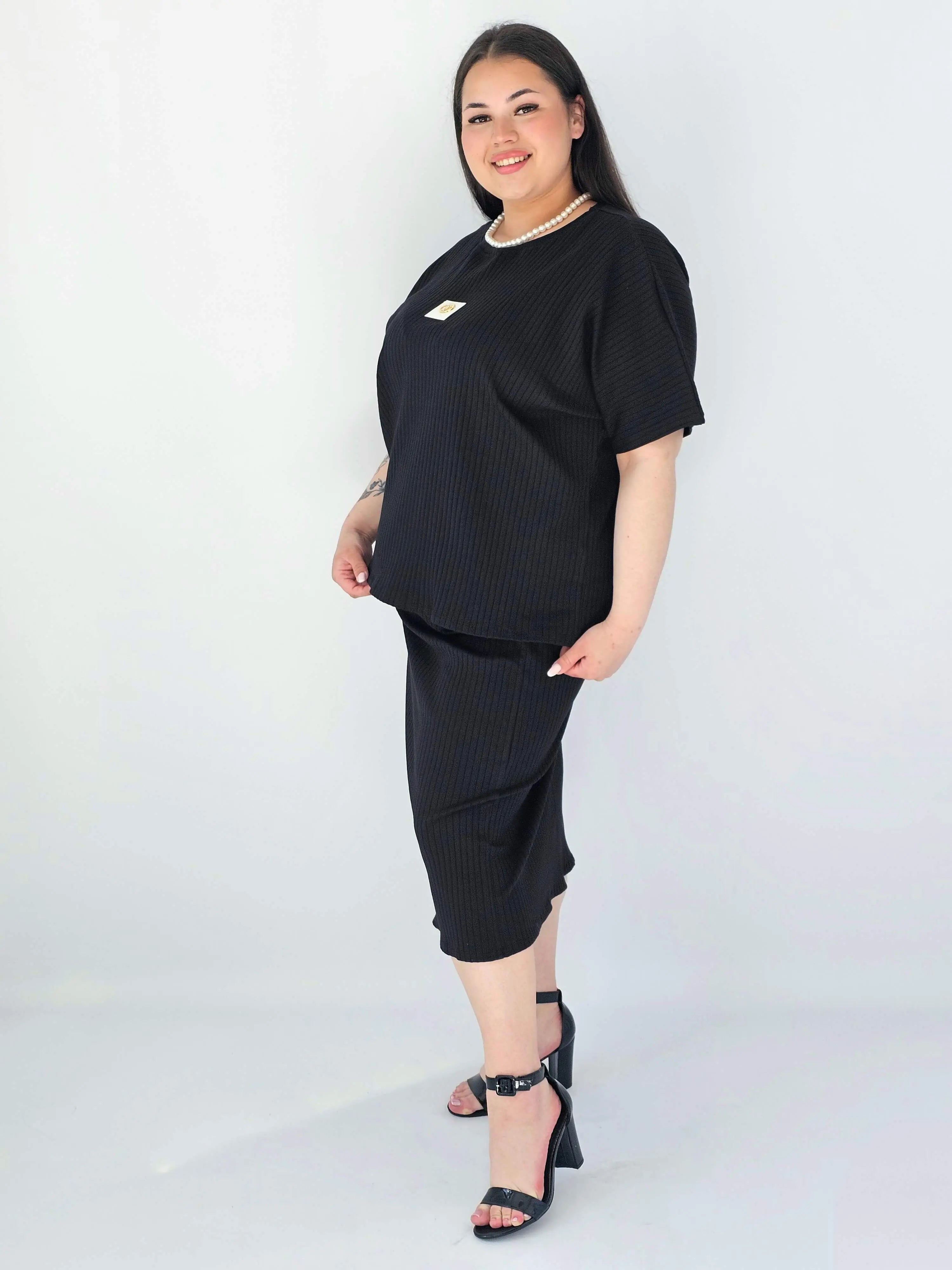 Komplet Plus Size Bluzka I Spódnica Prążkowany Z Ozdobnym Detalem Stylowa XL