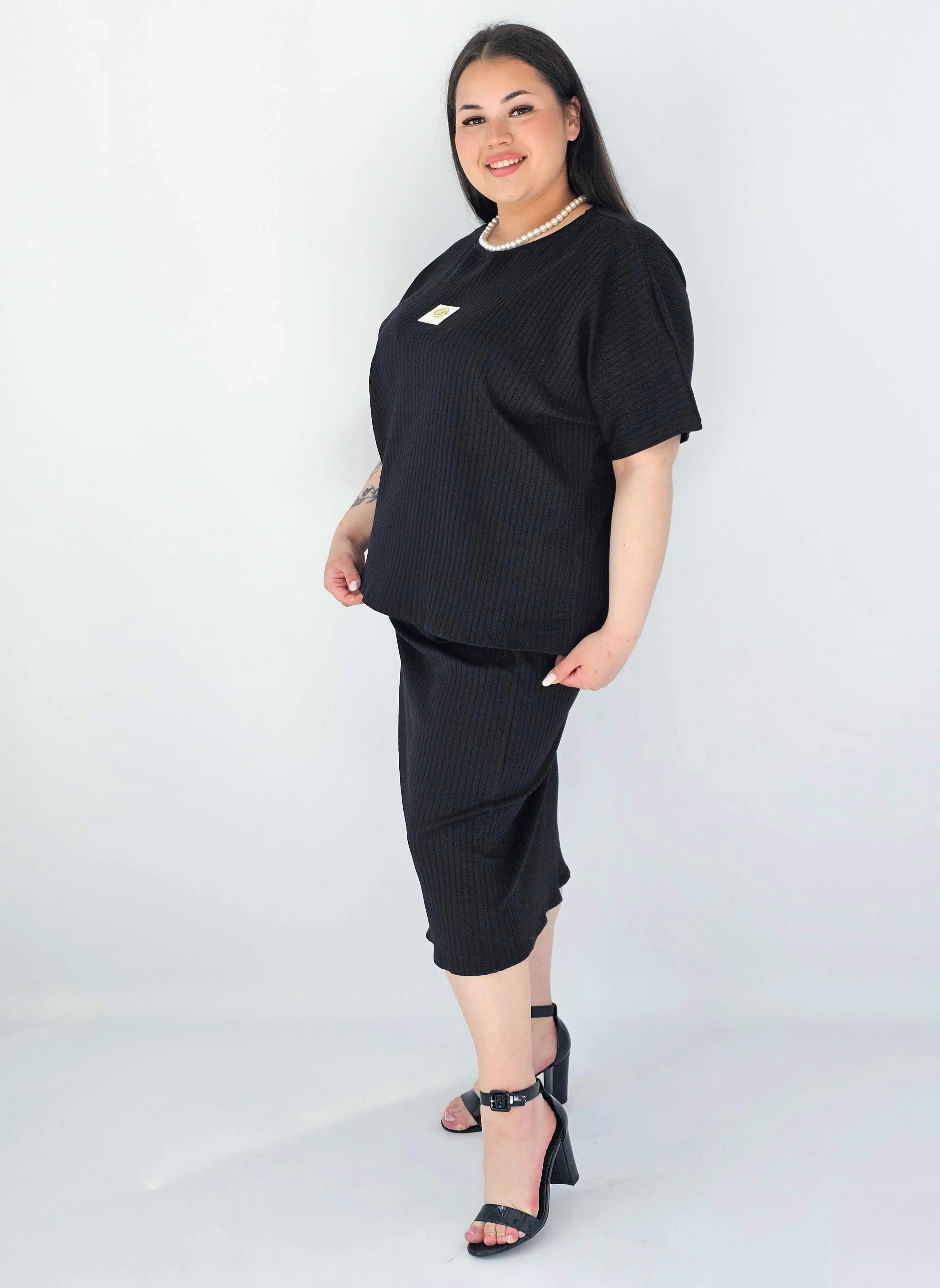 Komplet Plus Size Bluzka I Spódnica Prążkowany Z Ozdobnym Detalem Stylowa XL