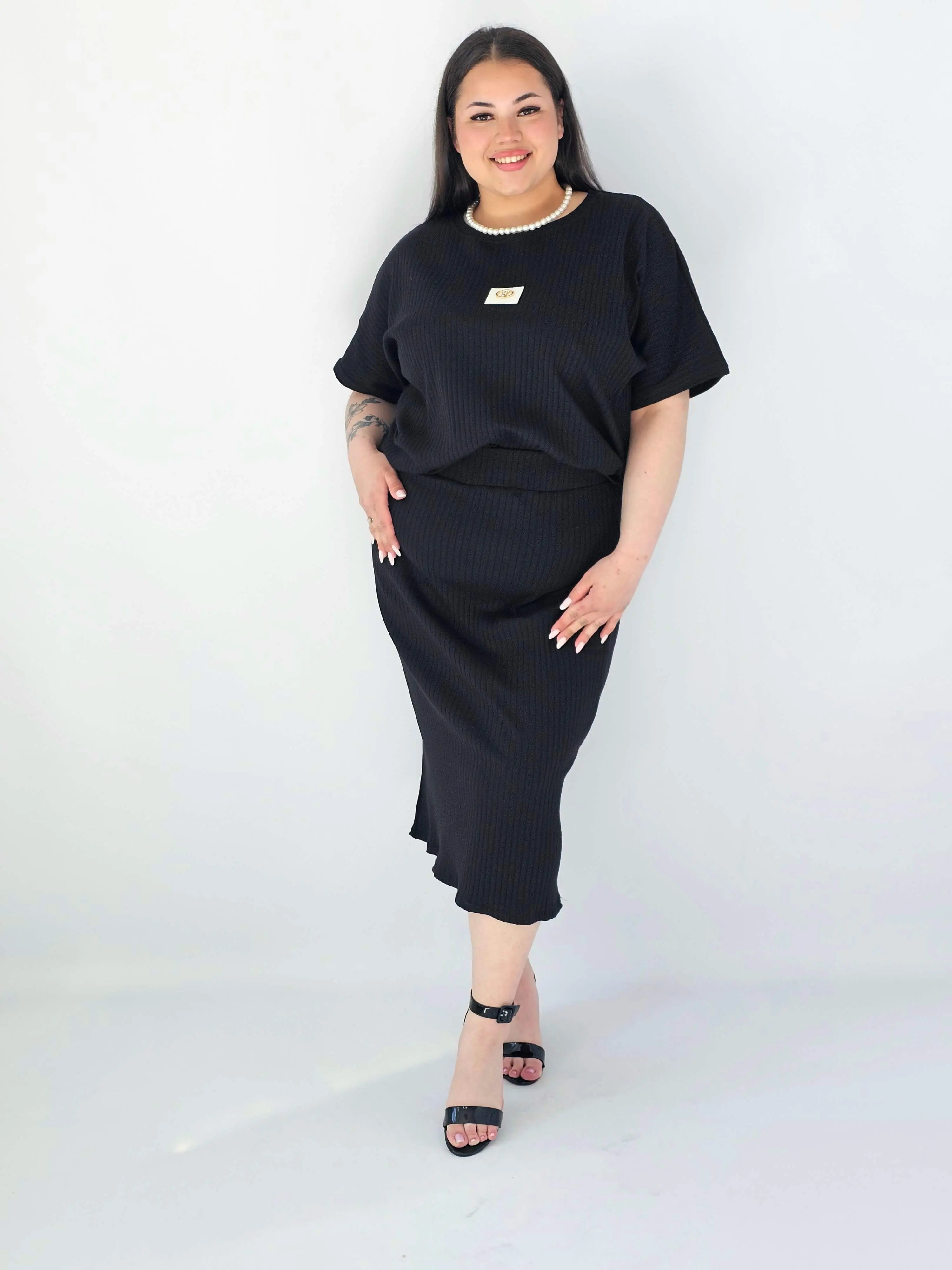 Komplet Plus Size Bluzka I Spódnica Prążkowany Z Ozdobnym Detalem Stylowa XL