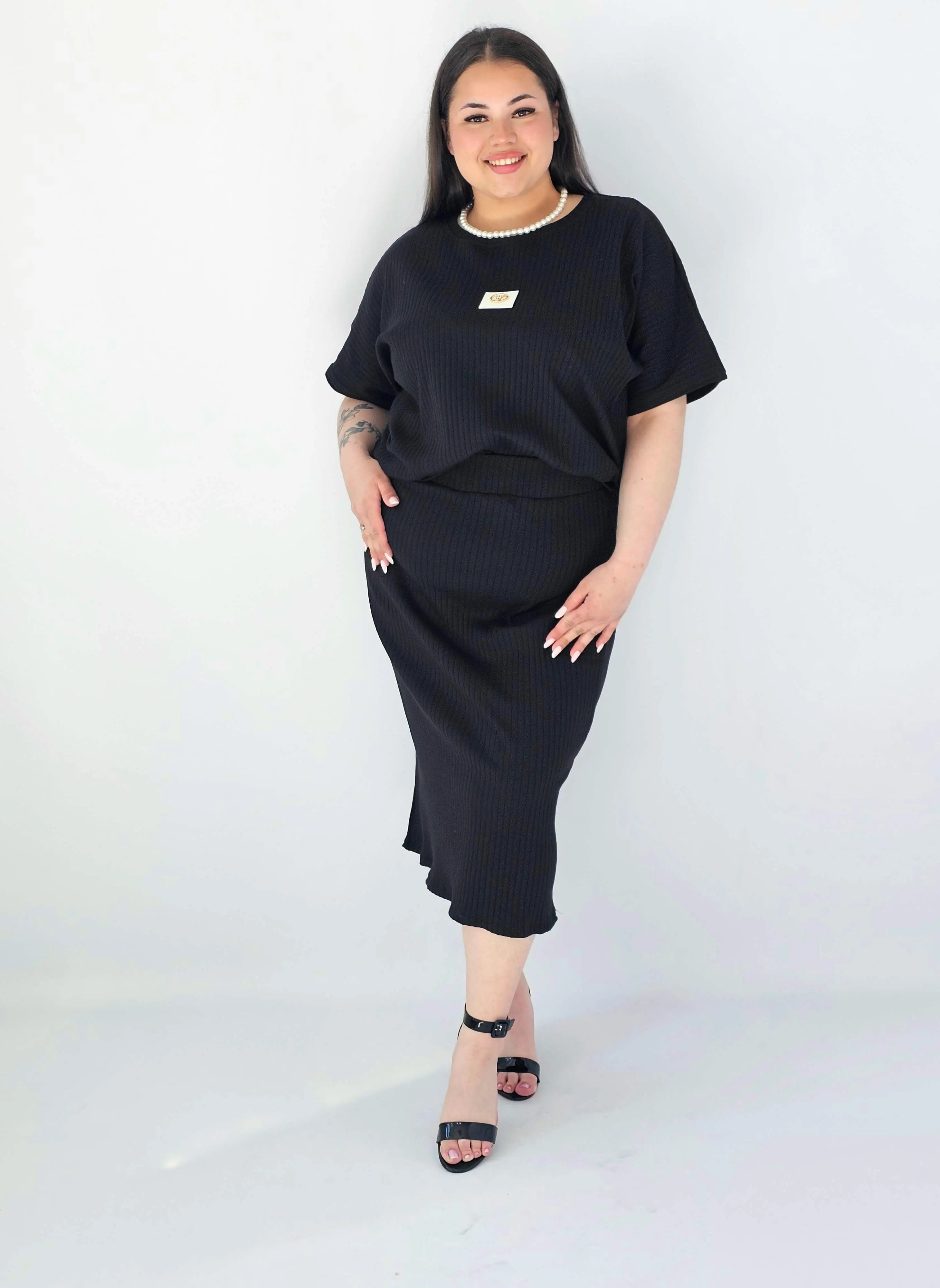 Komplet Plus Size Bluzka I Spódnica Prążkowany Z Ozdobnym Detalem Stylowa XL
