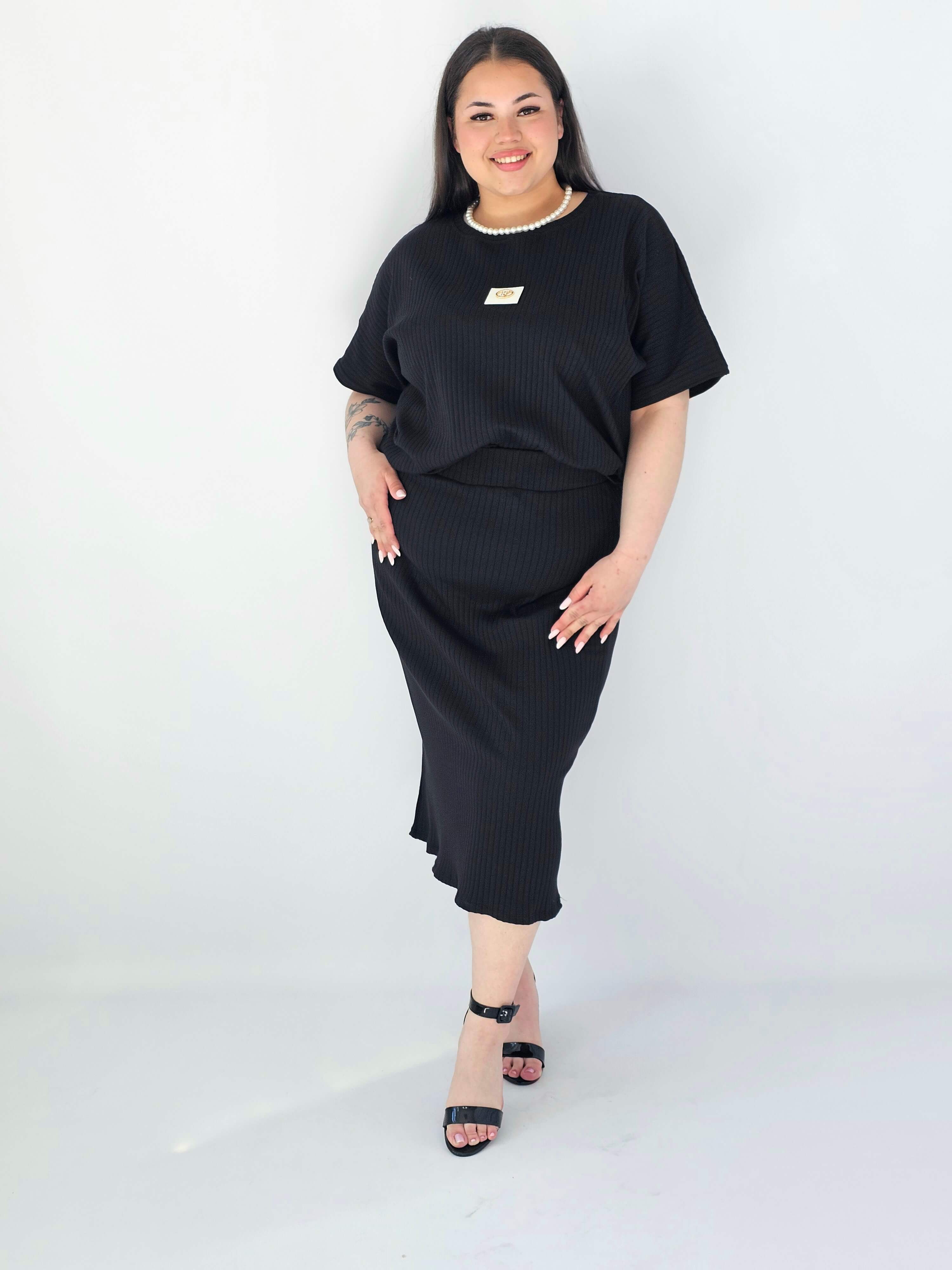 Komplet Plus Size Bluzka I Spódnica Prążkowany Z Ozdobnym Detalem Stylowa XL