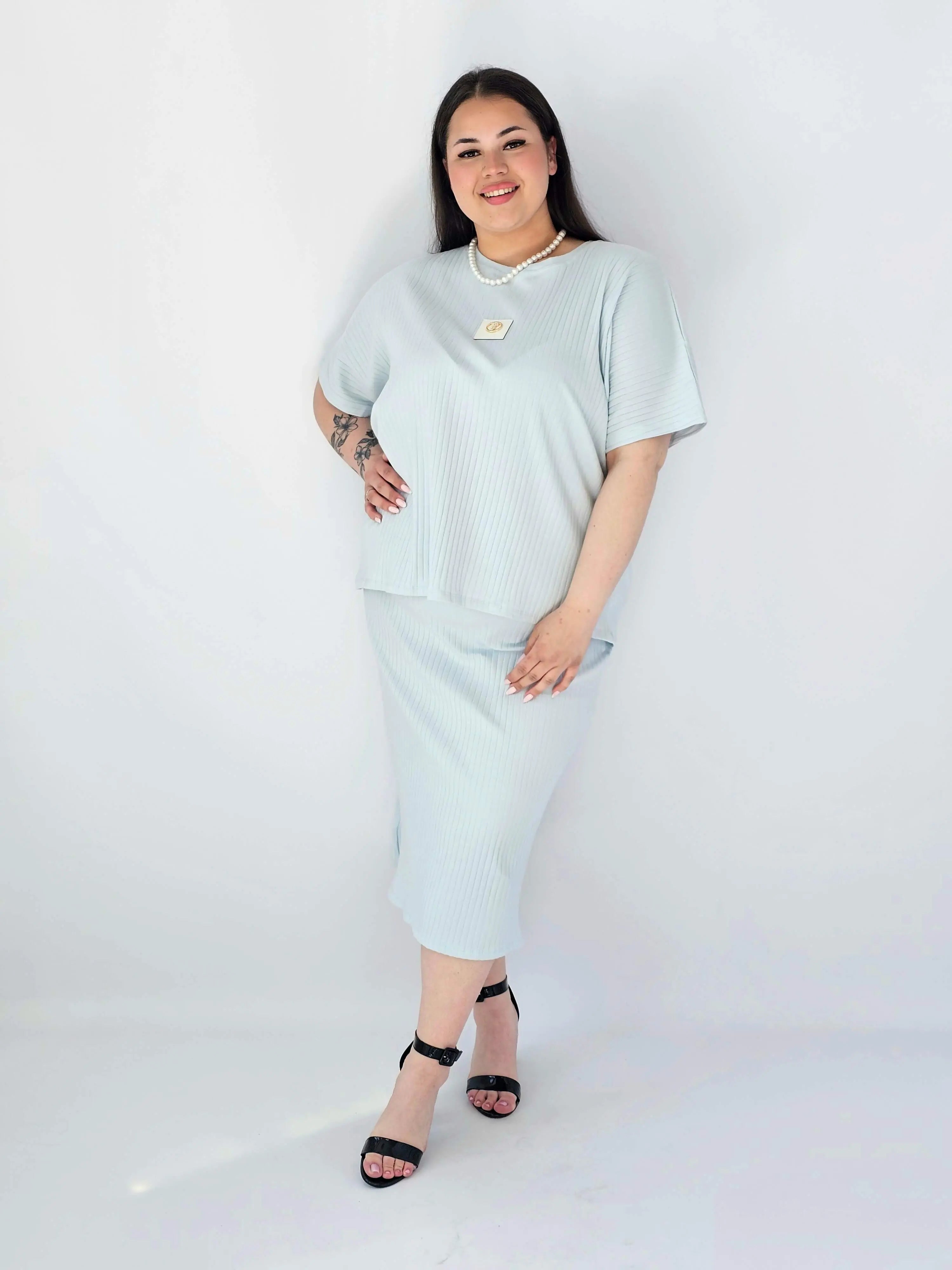 Komplet Plus Size Bluzka I Spódnica Prążkowany Z Ozdobnym Detalem Stylowa XL