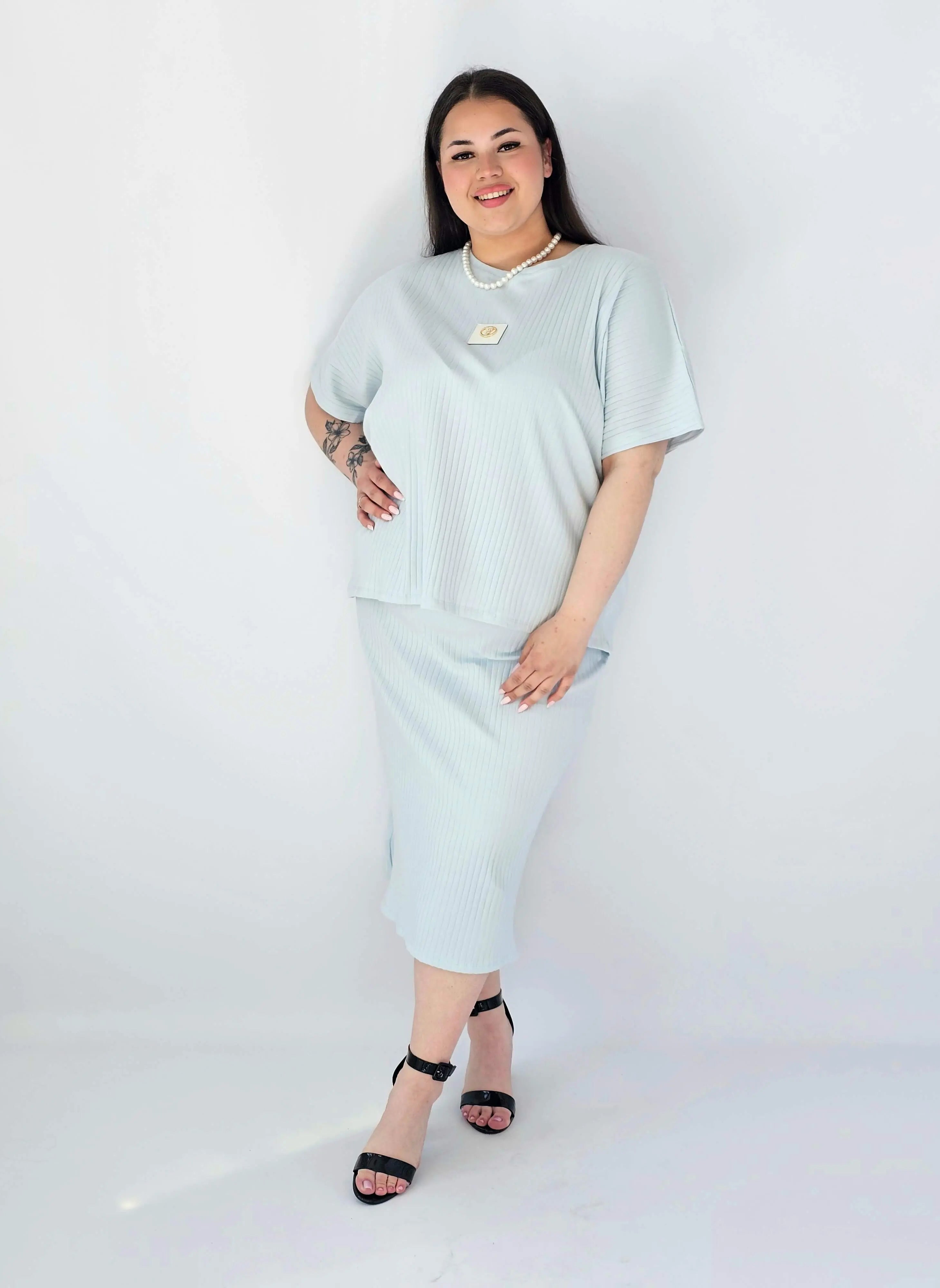 Komplet Plus Size Bluzka I Spódnica Prążkowany Z Ozdobnym Detalem Stylowa XL