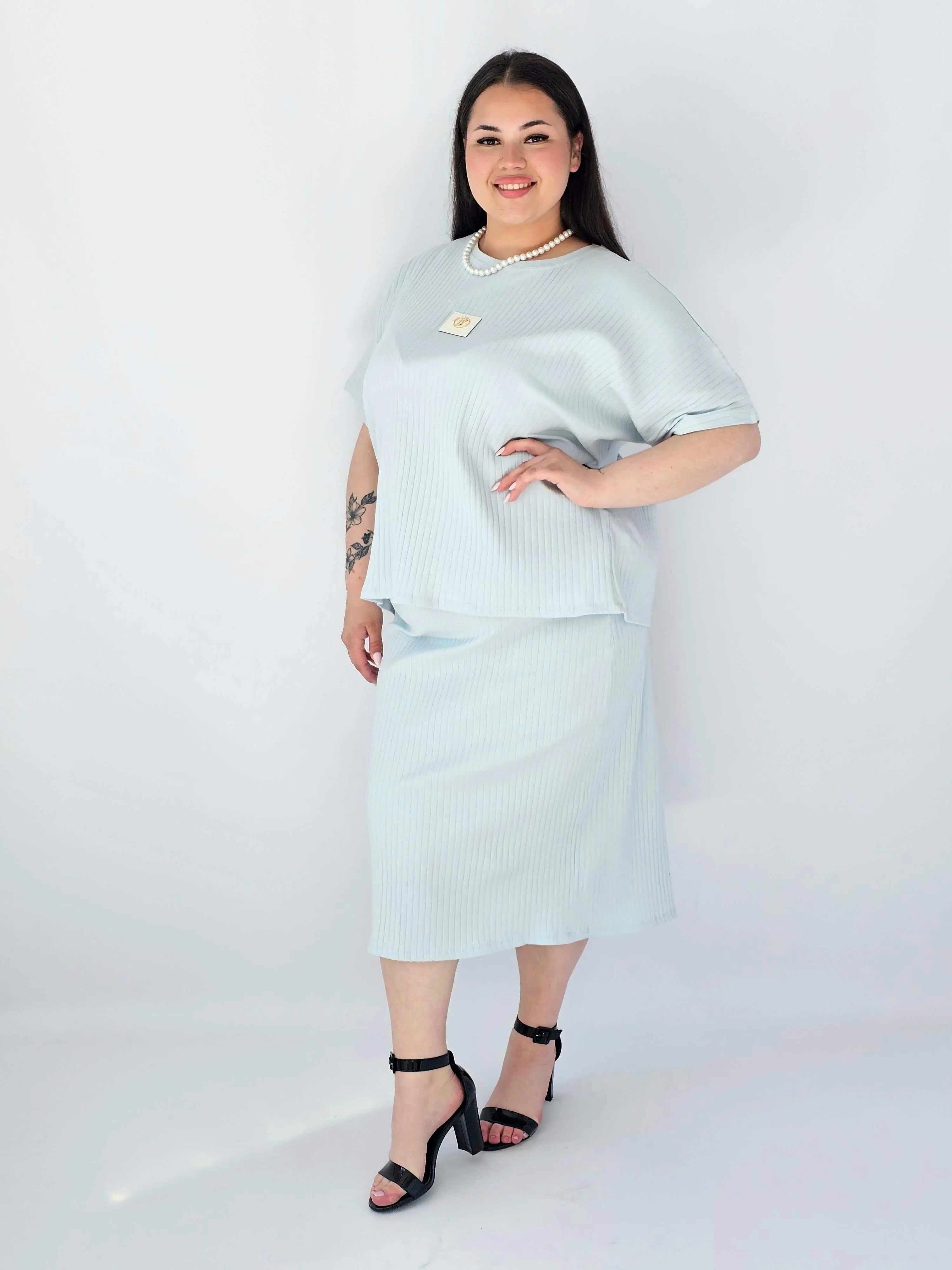 Komplet Plus Size Bluzka I Spódnica Prążkowany Z Ozdobnym Detalem Stylowa XL