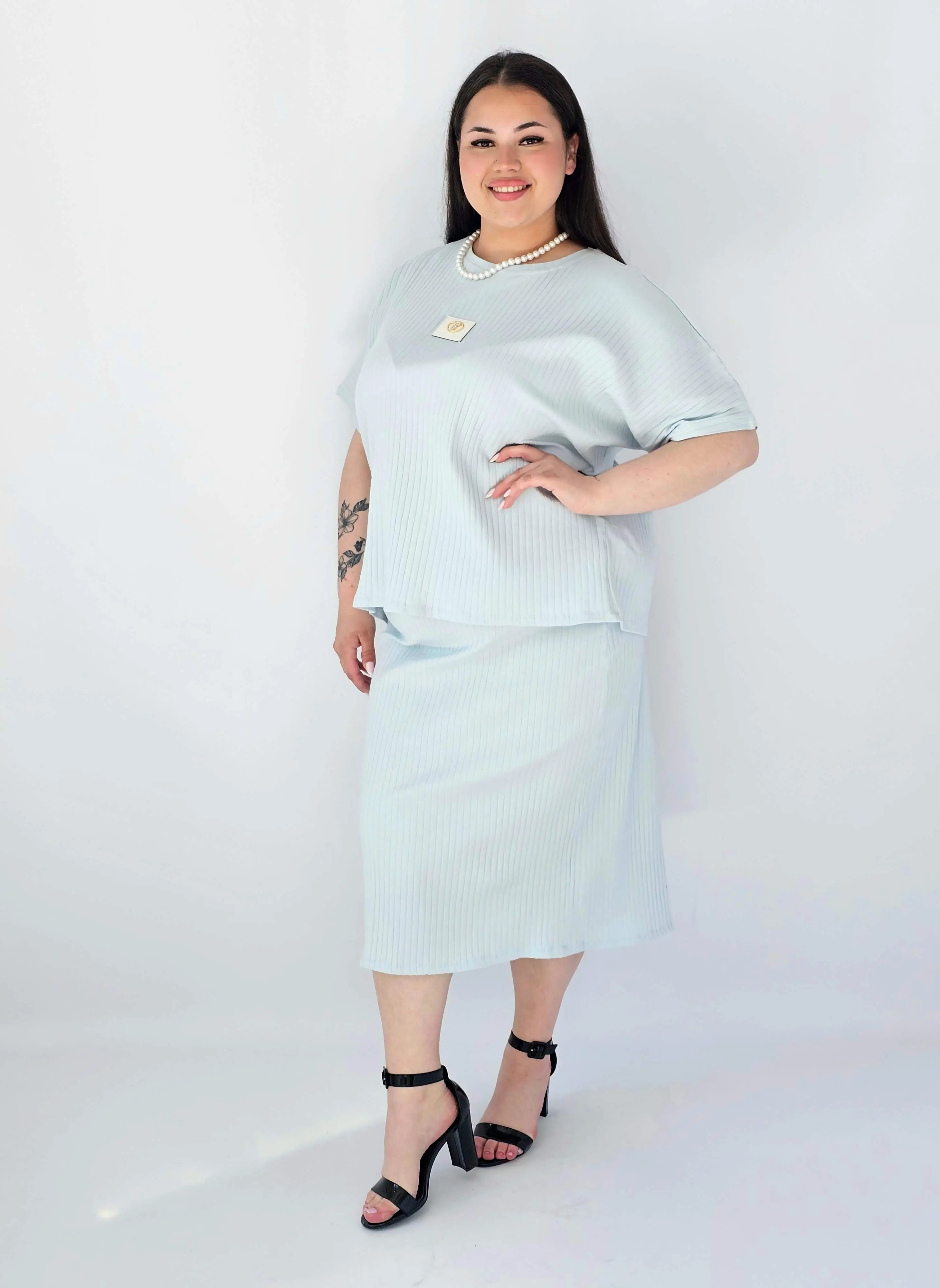 Komplet Plus Size Bluzka I Spódnica Prążkowany Z Ozdobnym Detalem Stylowa XL