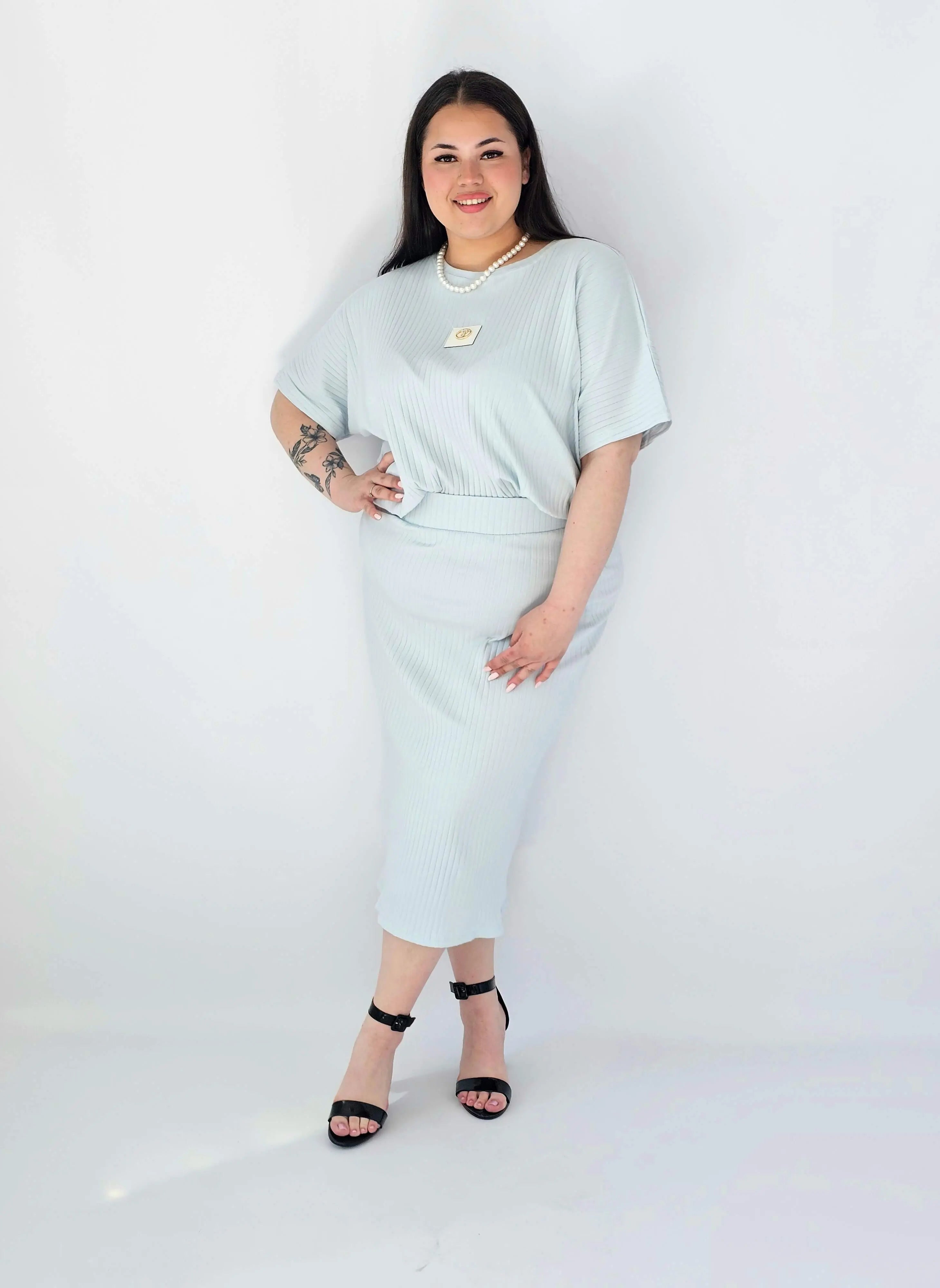 Komplet Plus Size Bluzka I Spódnica Prążkowany Z Ozdobnym Detalem Stylowa XL