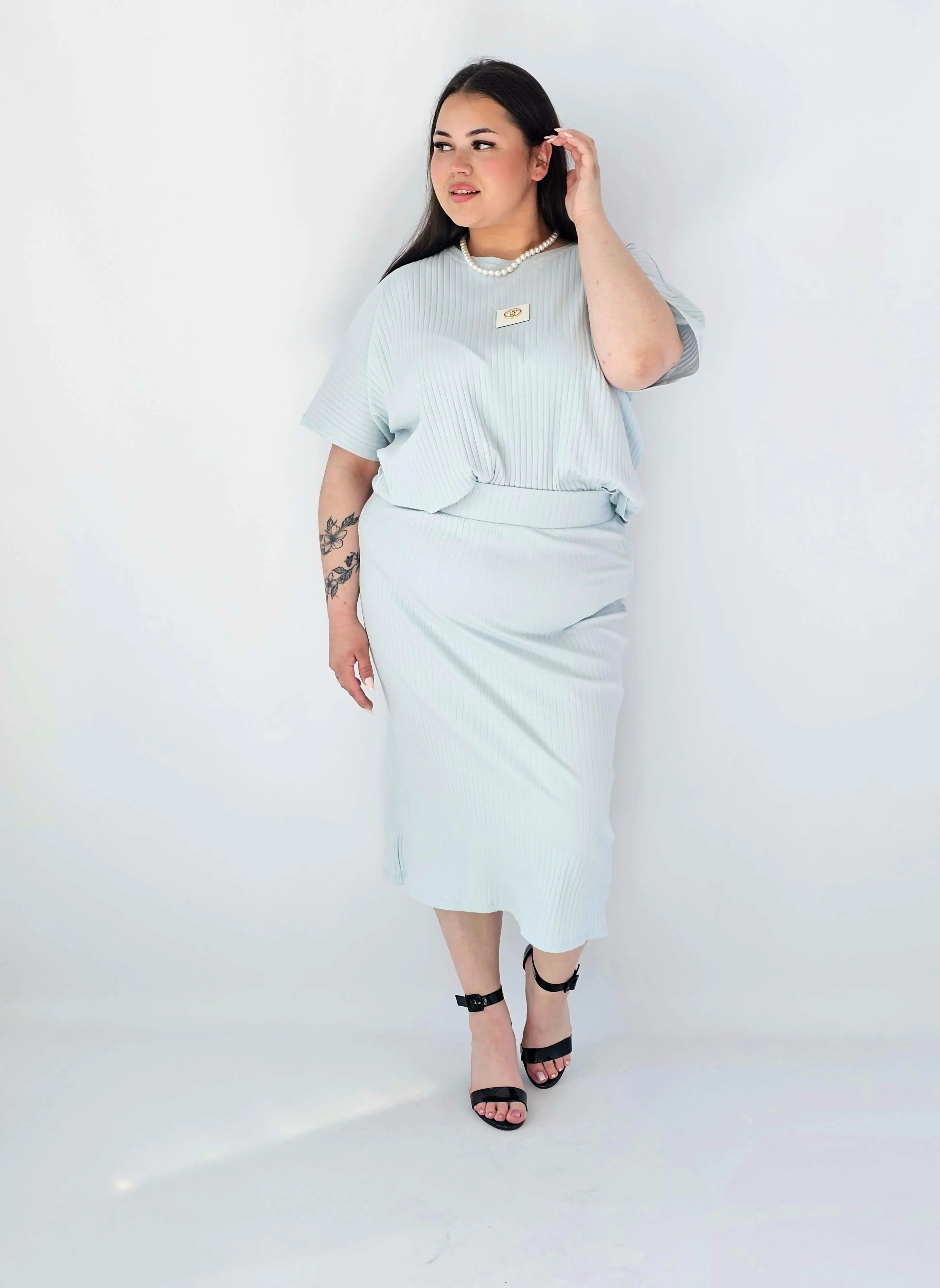 Komplet Plus Size Bluzka I Spódnica Prążkowany Z Ozdobnym Detalem Stylowa XL