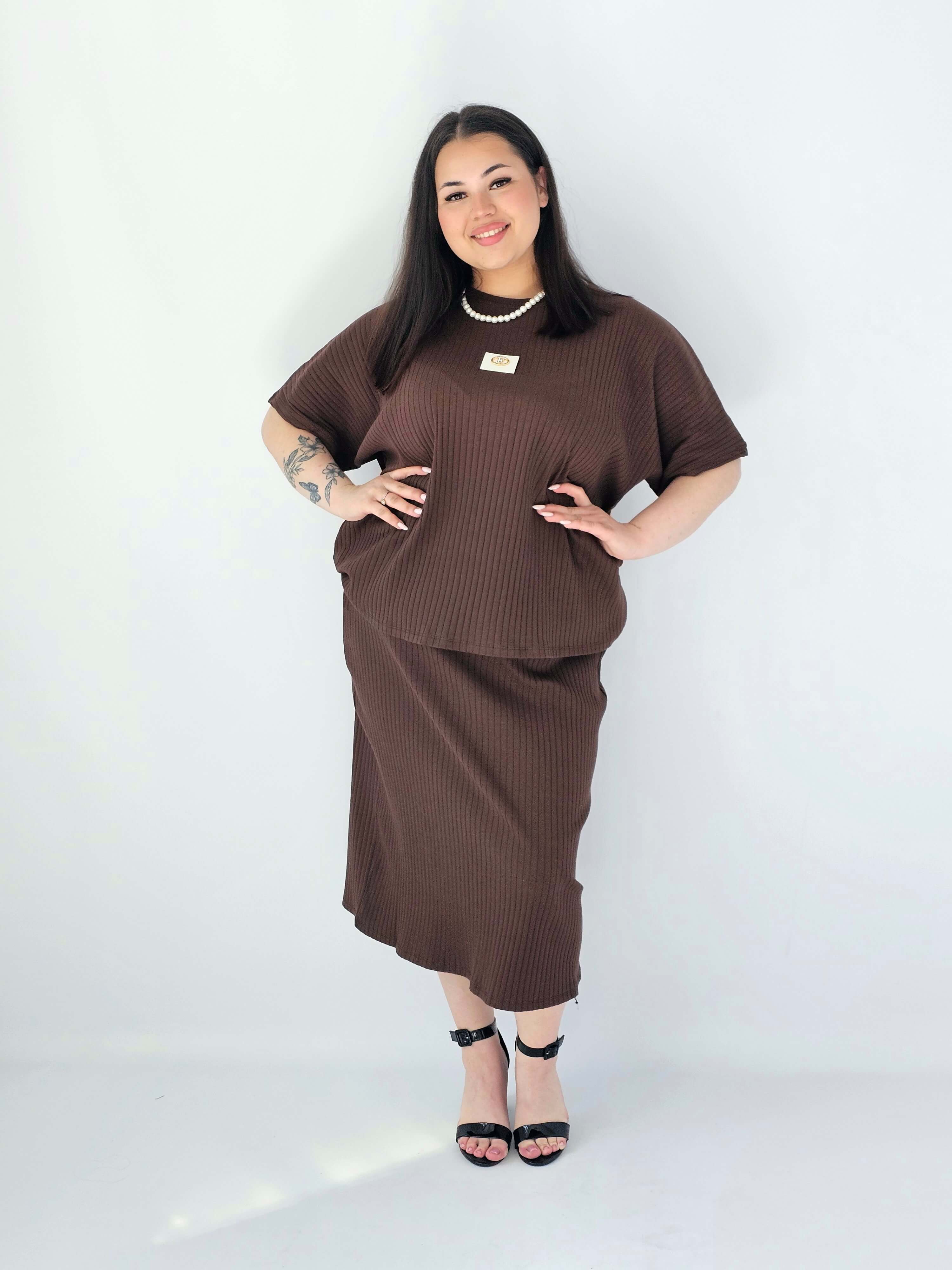 Komplet Plus Size Bluzka I Spódnica Prążkowany Z Ozdobnym Detalem Stylowa XL