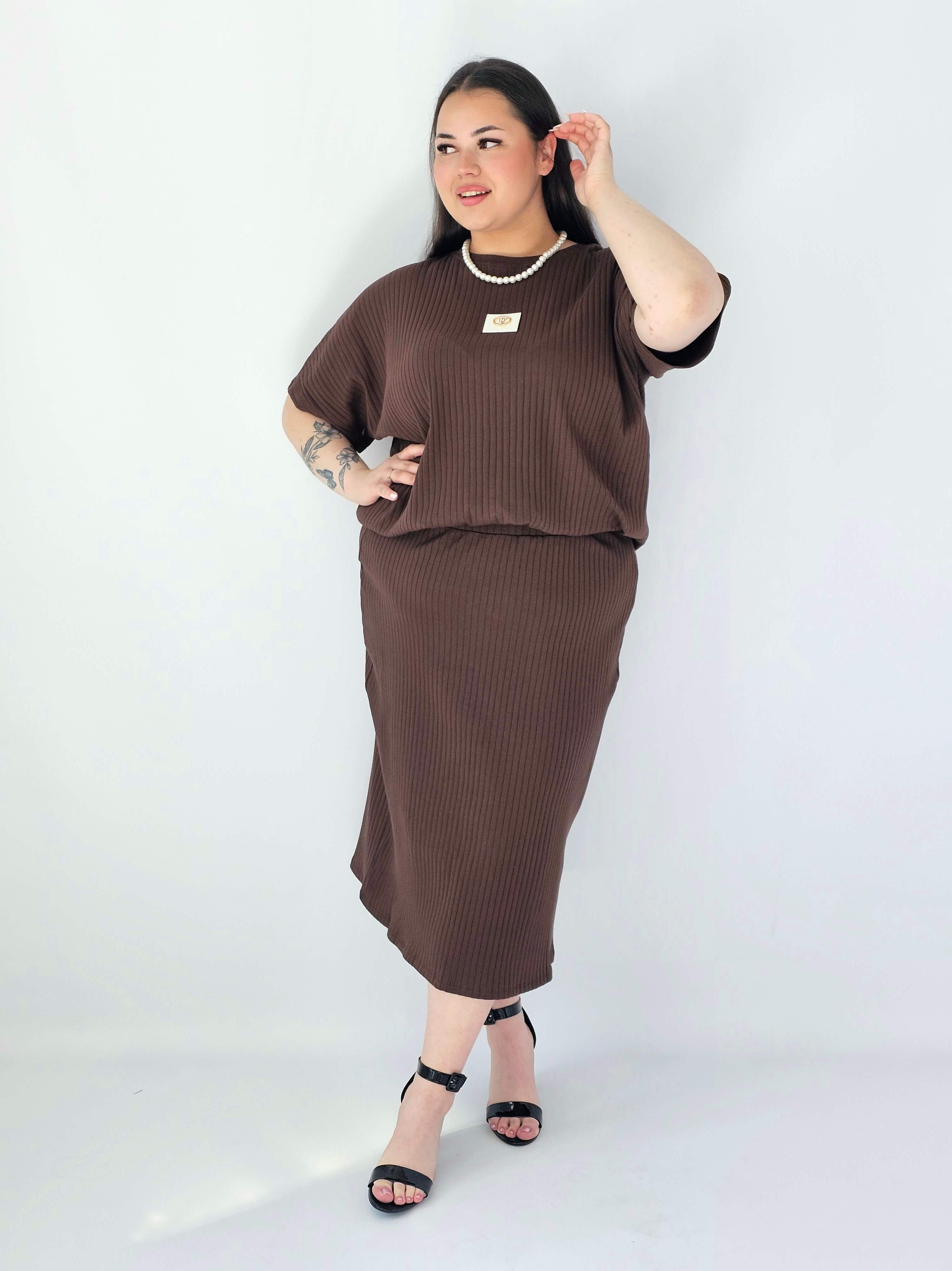 Komplet Plus Size Bluzka I Spódnica Prążkowany Z Ozdobnym Detalem Stylowa XL