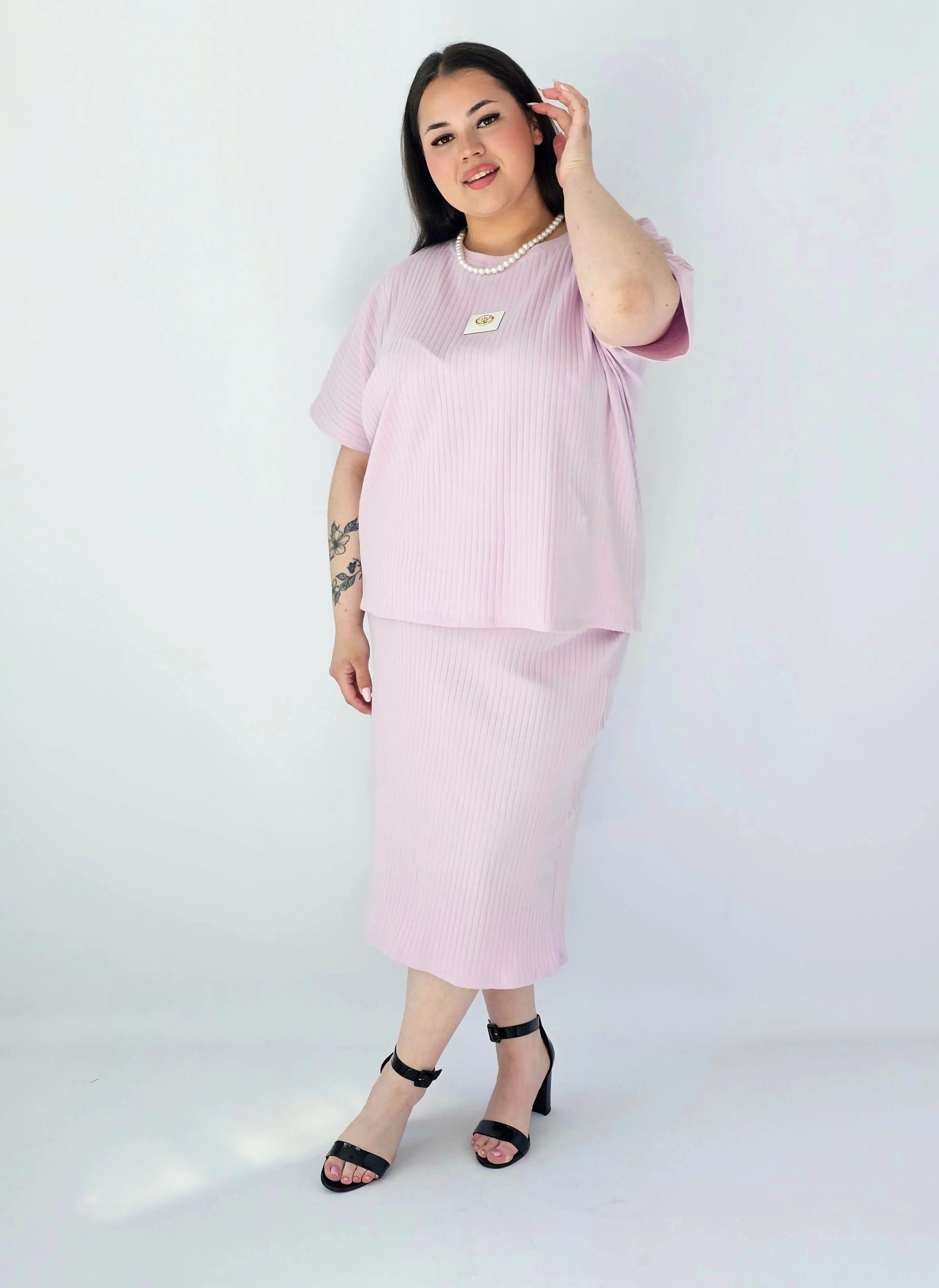 Komplet Plus Size Bluzka I Spódnica Prążkowany Z Ozdobnym Detalem Stylowa XL