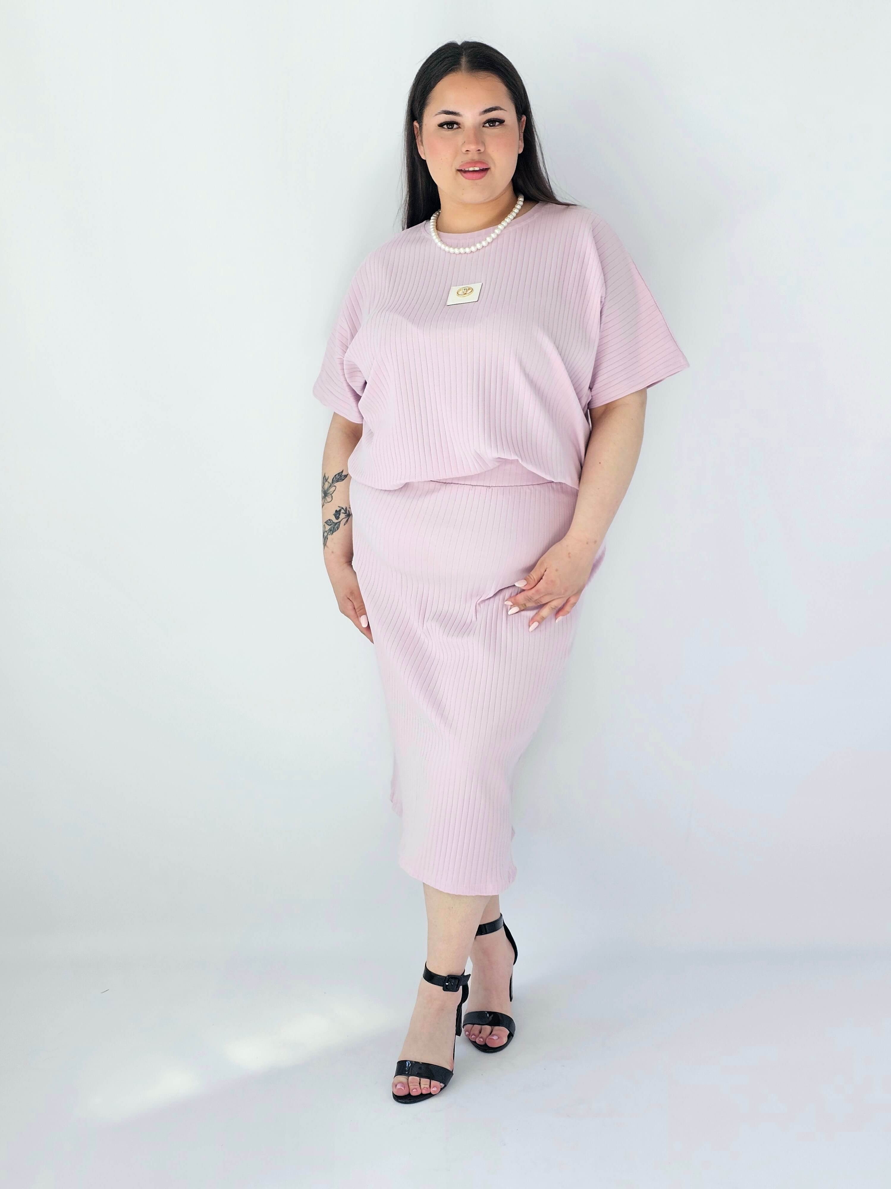 Komplet Plus Size Bluzka I Spódnica Prążkowany Z Ozdobnym Detalem Stylowa XL