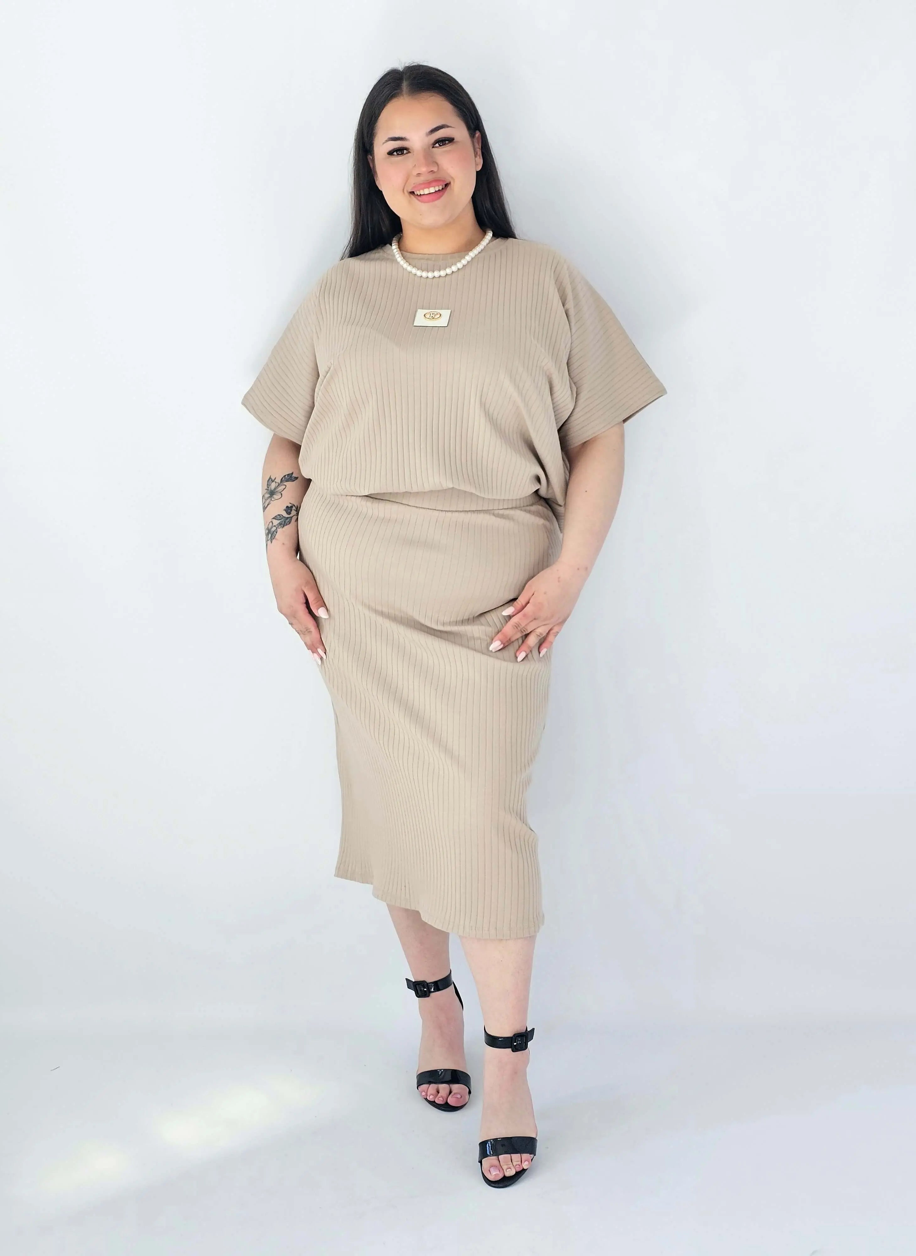 Komplet Plus Size Bluzka I Spódnica Prążkowany Z Ozdobnym Detalem Stylowa XL