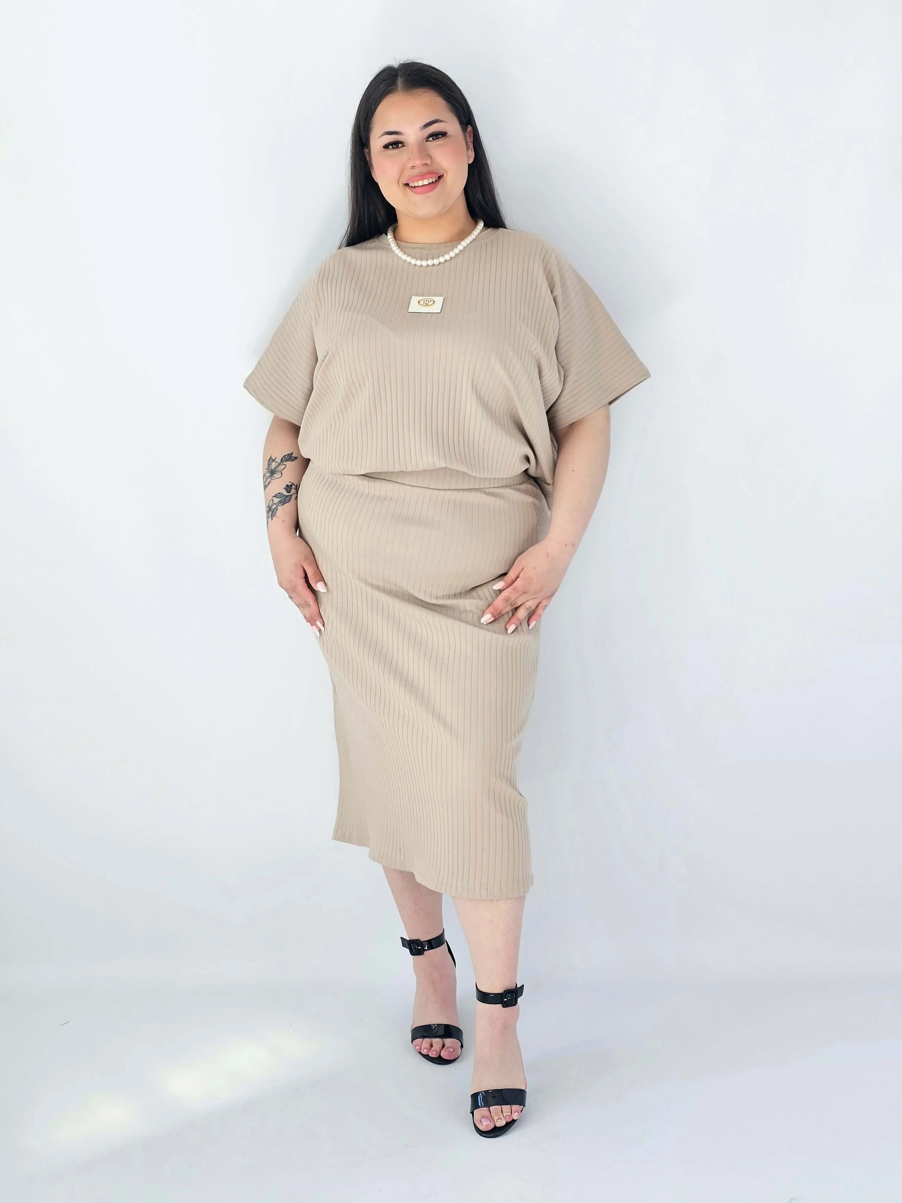 Komplet Plus Size Bluzka I Spódnica Prążkowany Z Ozdobnym Detalem Stylowa XL
