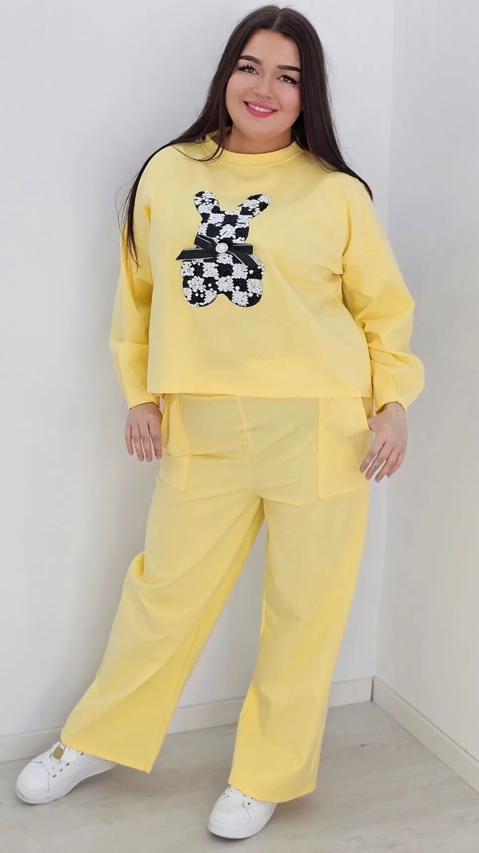 Komplet bluza z aplikacją + szerokie spodnie - żółty Stylowa XL